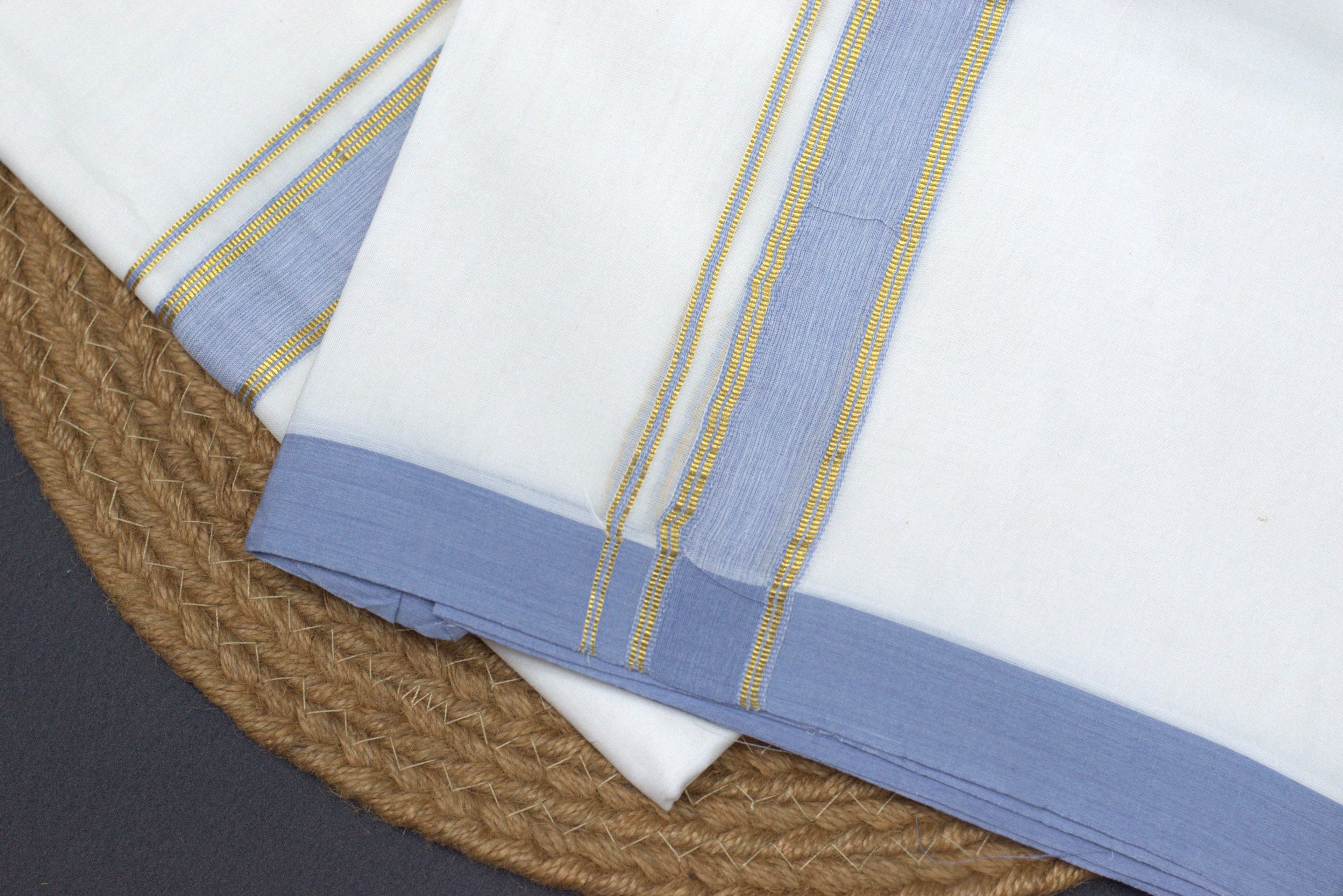 Premium White Cotton Mundu with Lavender Blue & Gold Kasavu Border
