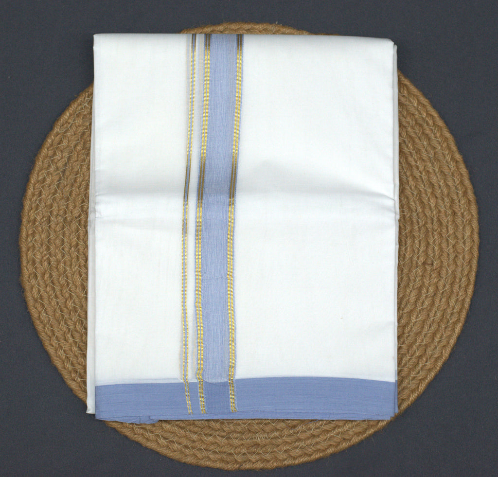 Premium White Cotton Mundu with Lavender Blue & Gold Kasavu Border