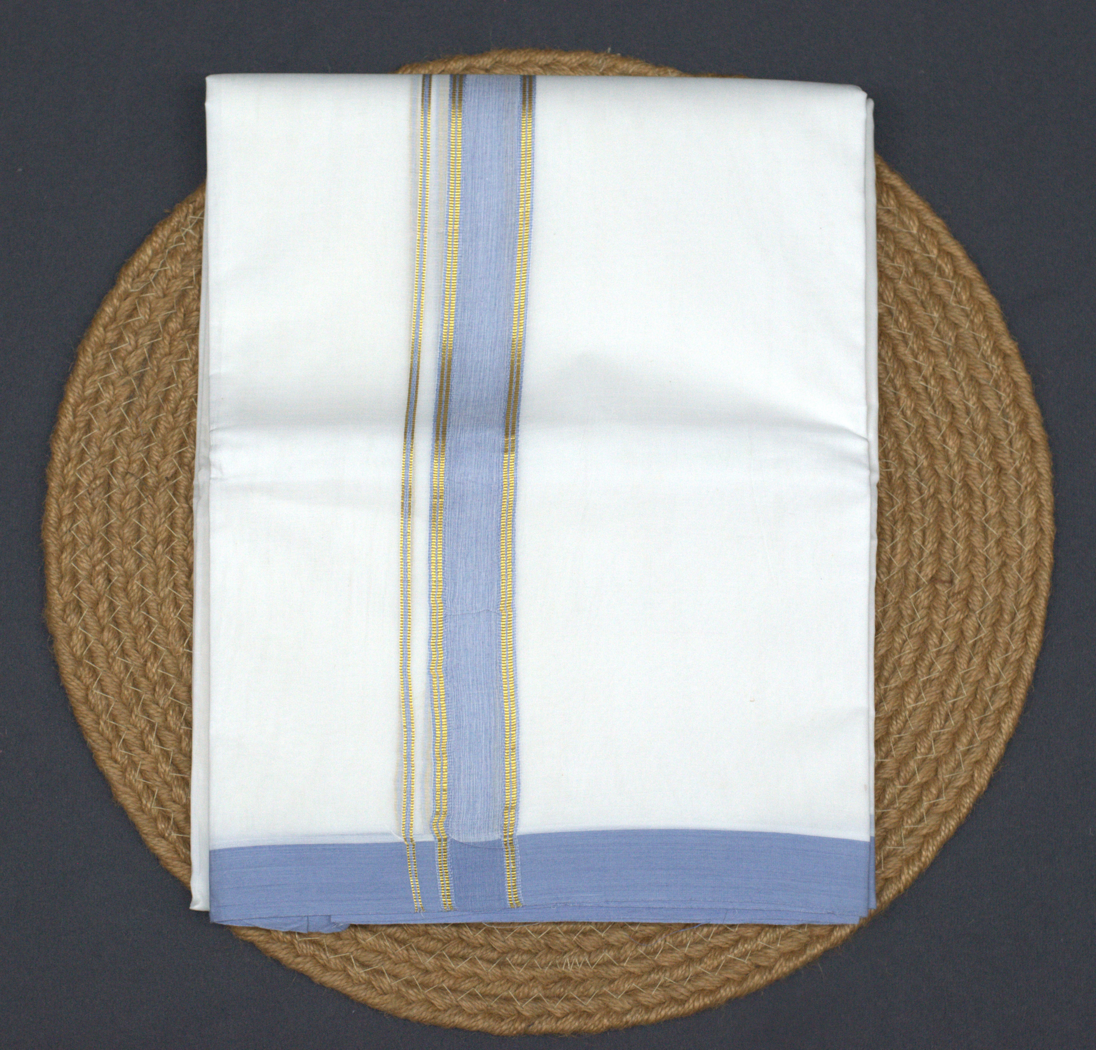 Premium White Cotton Mundu with Lavender Blue & Gold Kasavu Border