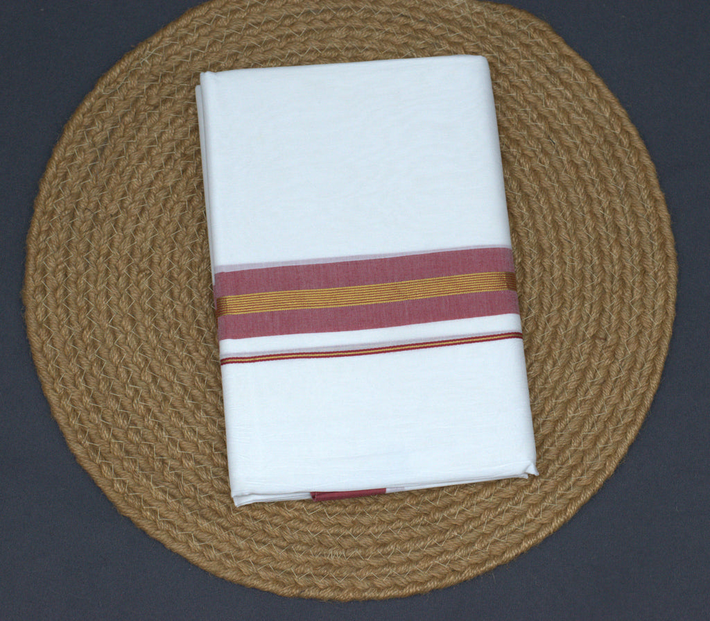 Premium Kerala Cotton Double Mundu - White with Maroon & Gold Border