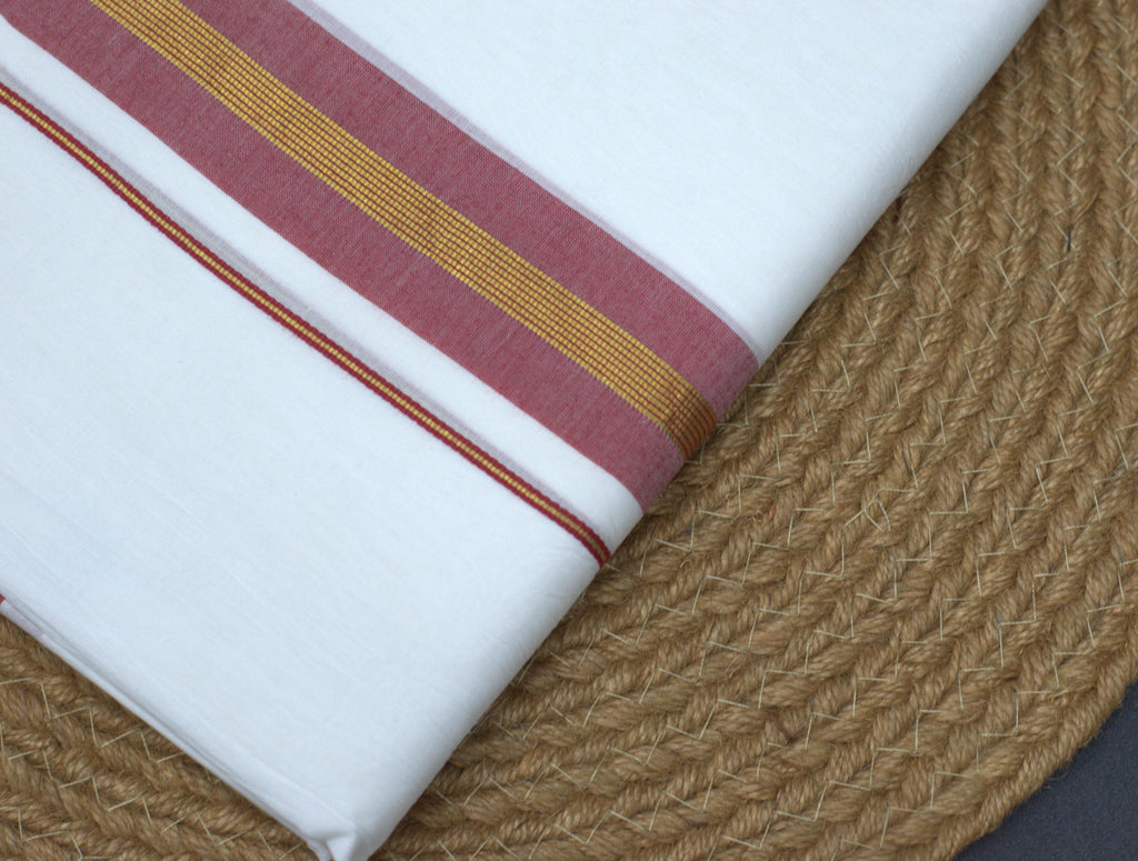 Premium Kerala Cotton Double Mundu - White with Maroon & Gold Border