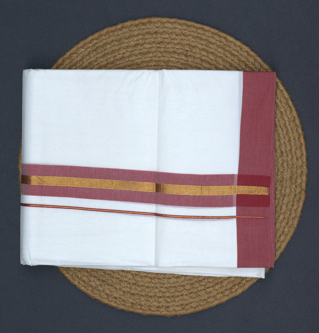 Premium Kerala Cotton Double Mundu - White with Maroon & Gold Border