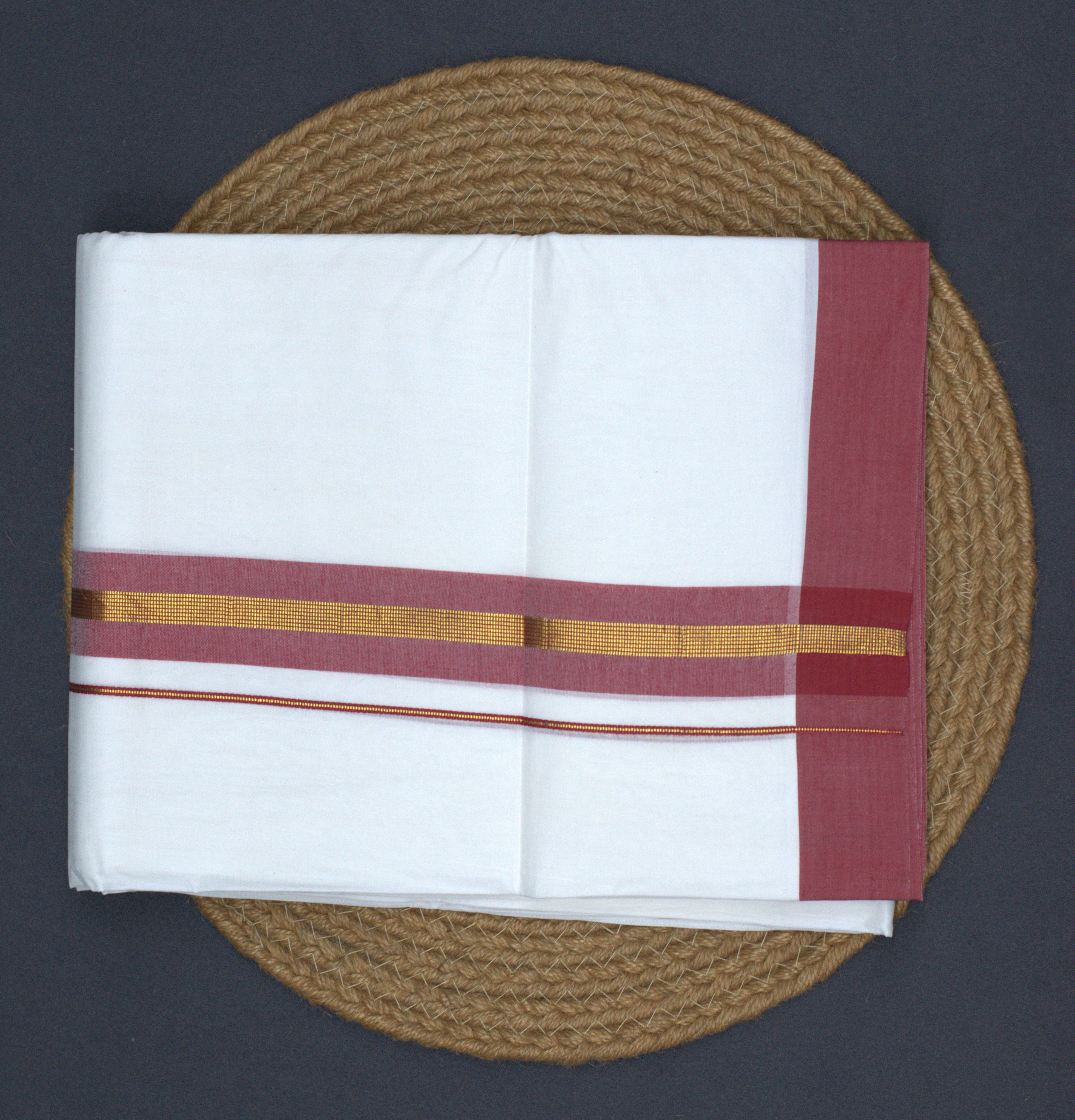 Premium Kerala Cotton Double Mundu - White with Maroon & Gold Border