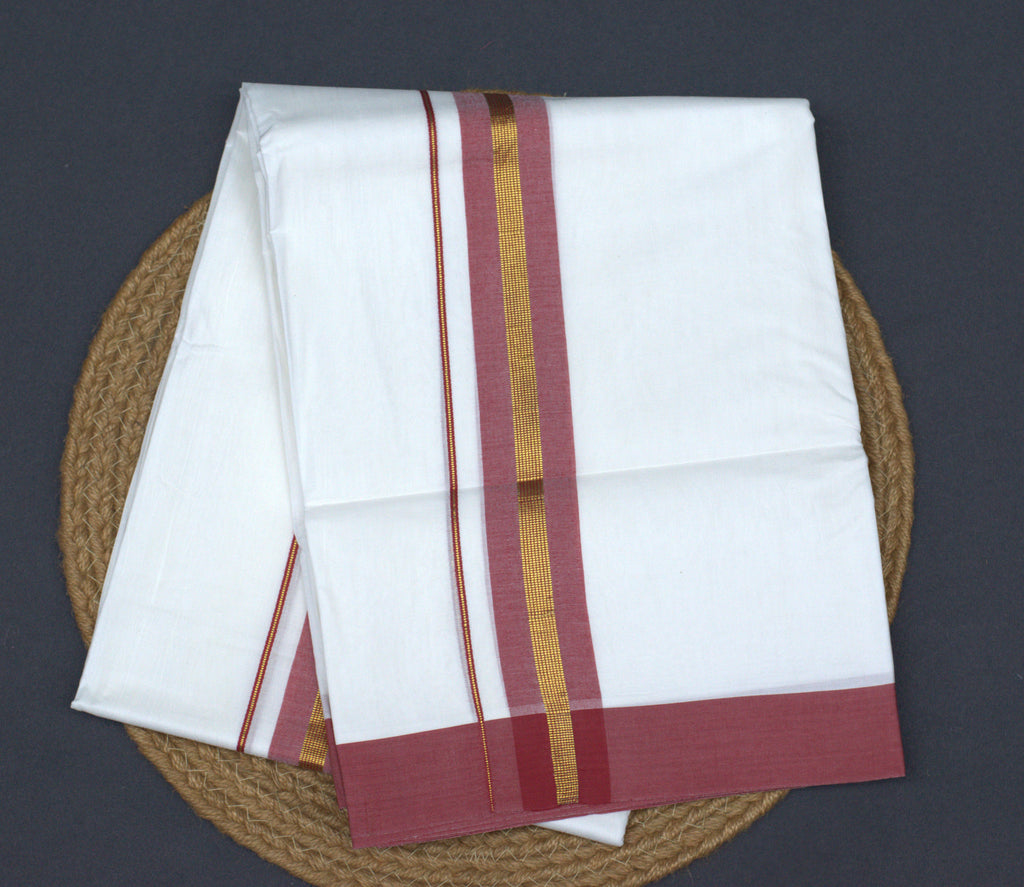 Premium Kerala Cotton Double Mundu - White with Maroon & Gold Border