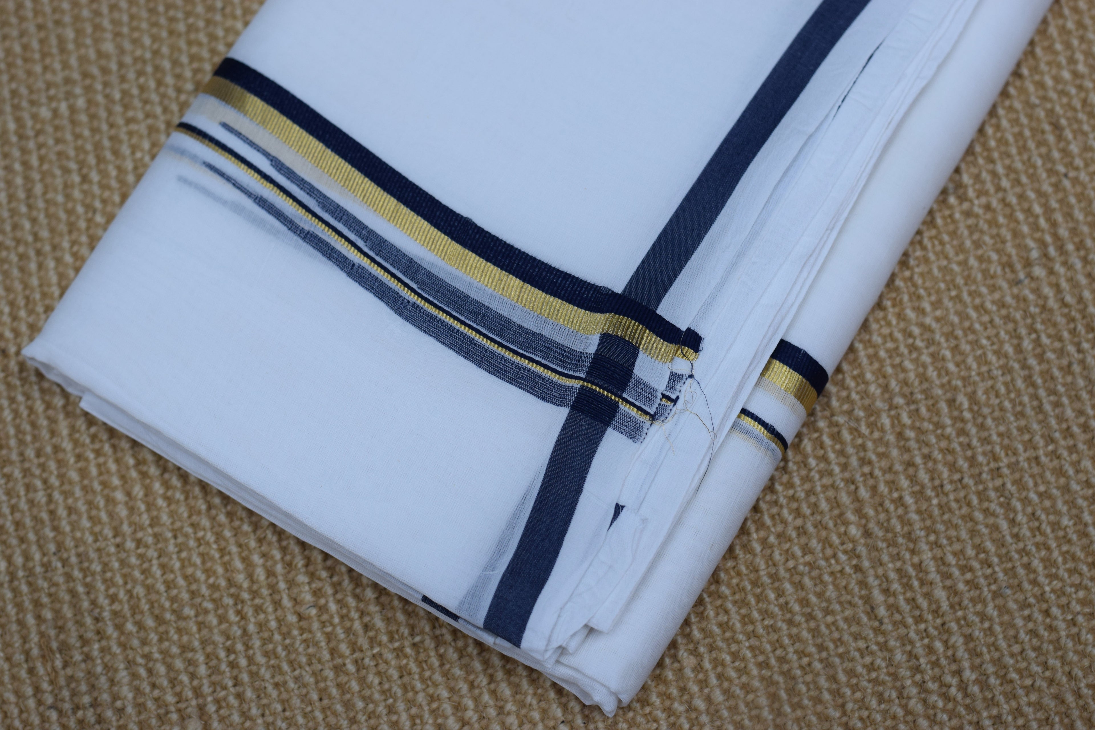 Premium White Cotton Double Mundu with Black & Gold Border