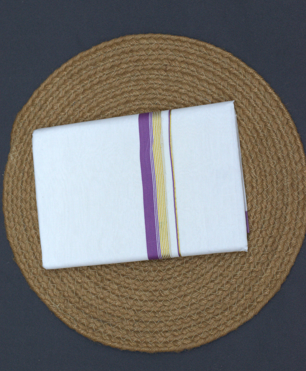 Premium White Cotton Double Mundu with Lavender & Gold Zari Border