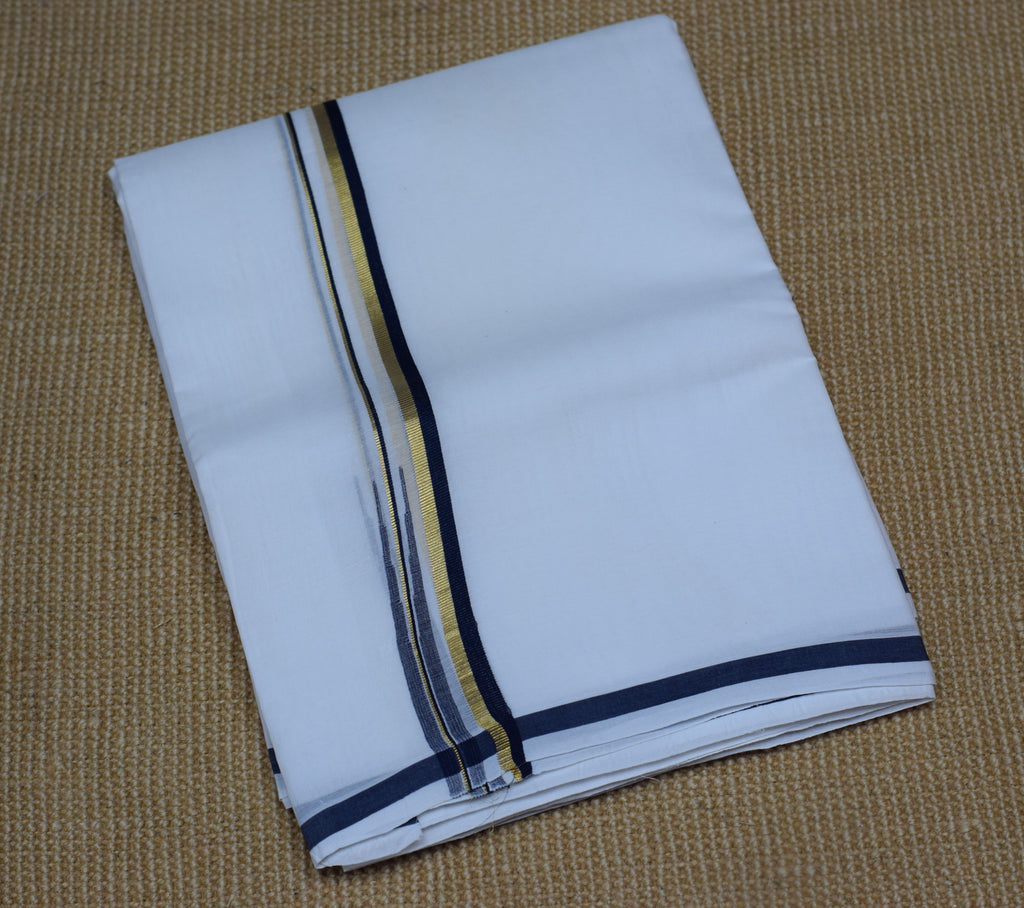 Premium White Cotton Double Mundu with Black & Gold Border