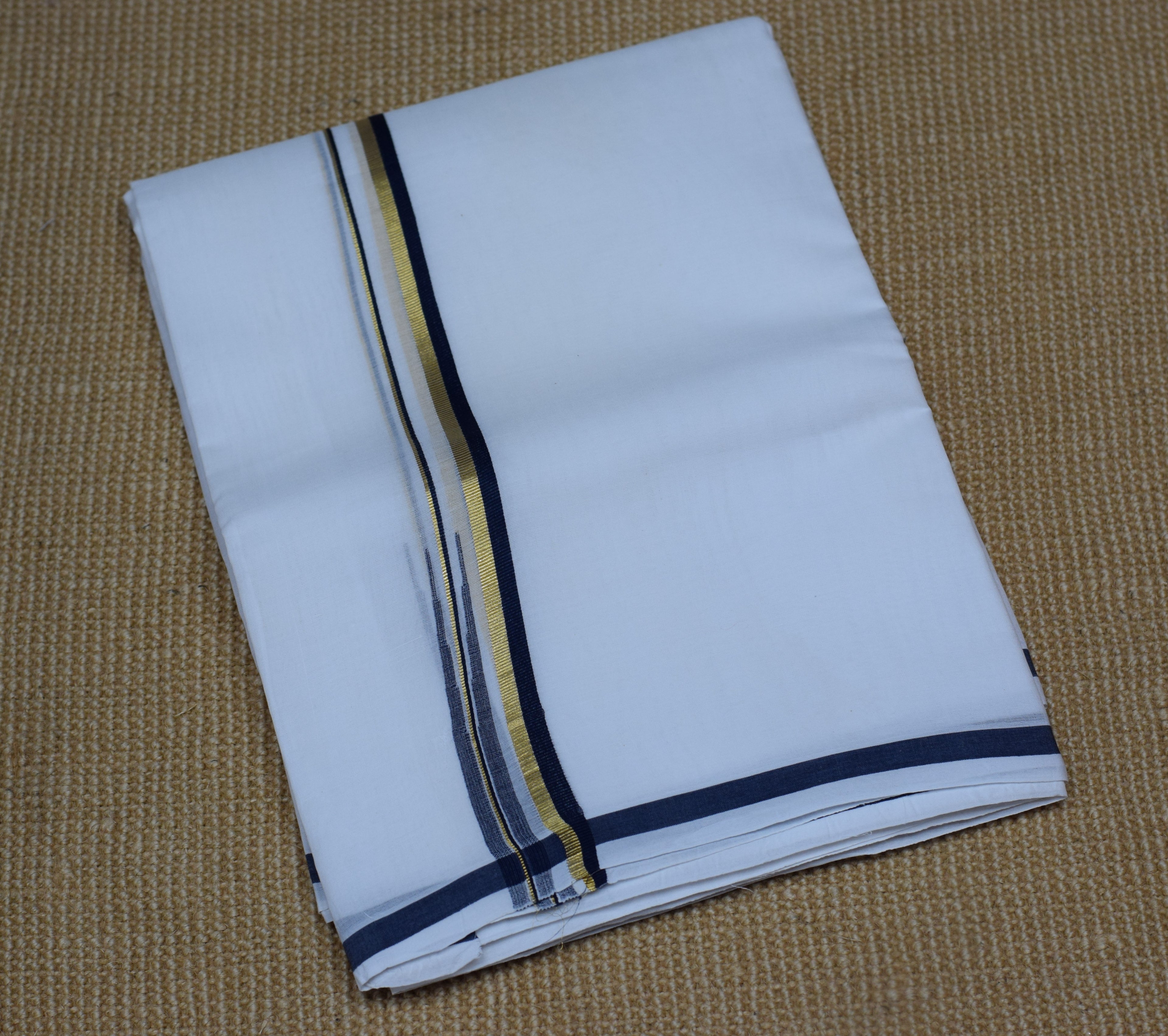 Premium White Cotton Double Mundu with Black & Gold Border