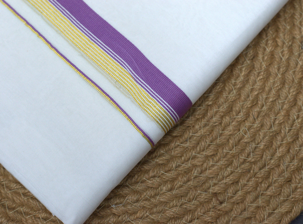 Premium White Cotton Double Mundu with Lavender & Gold Zari Border