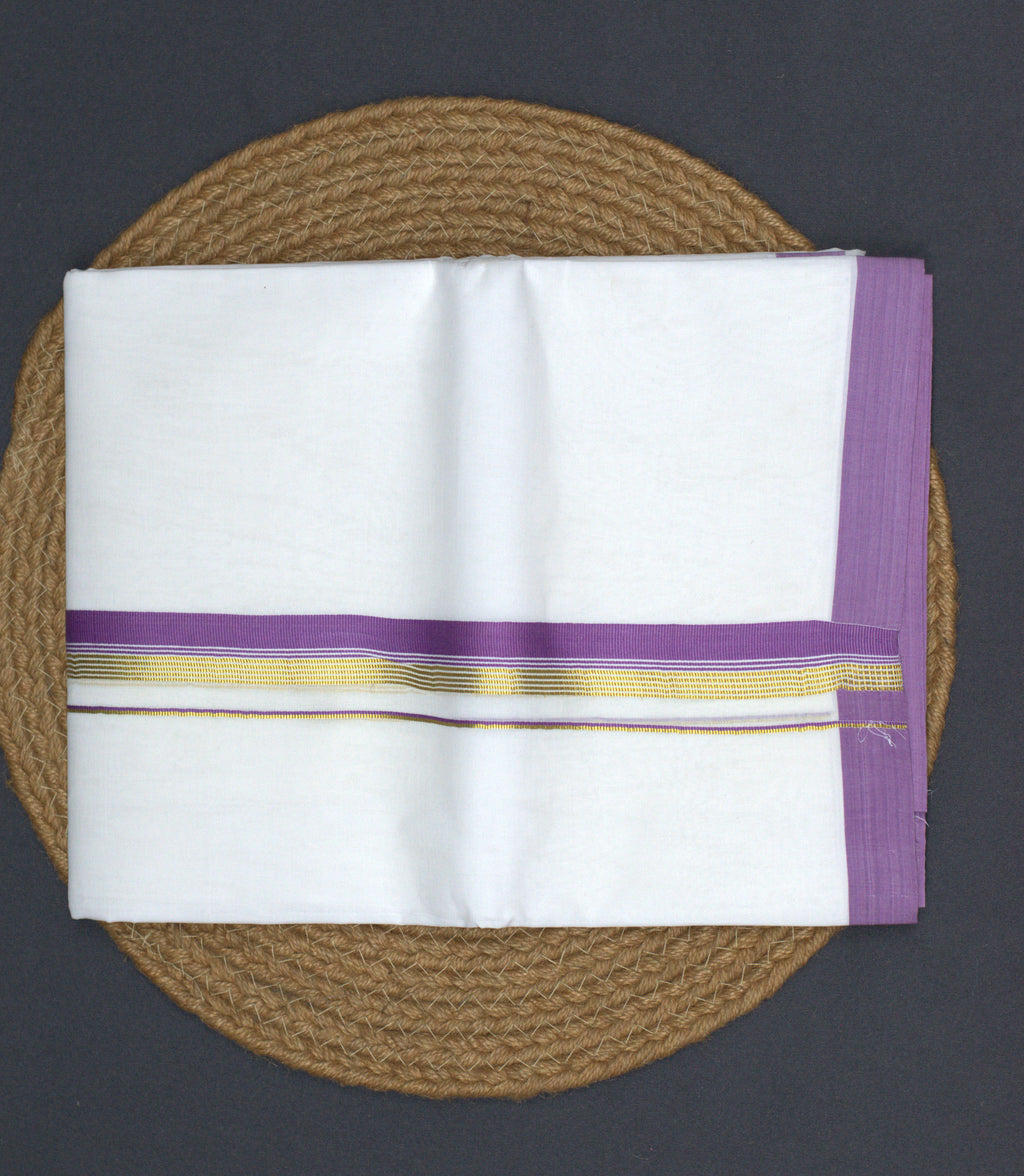 Premium White Cotton Double Mundu with Lavender & Gold Zari Border