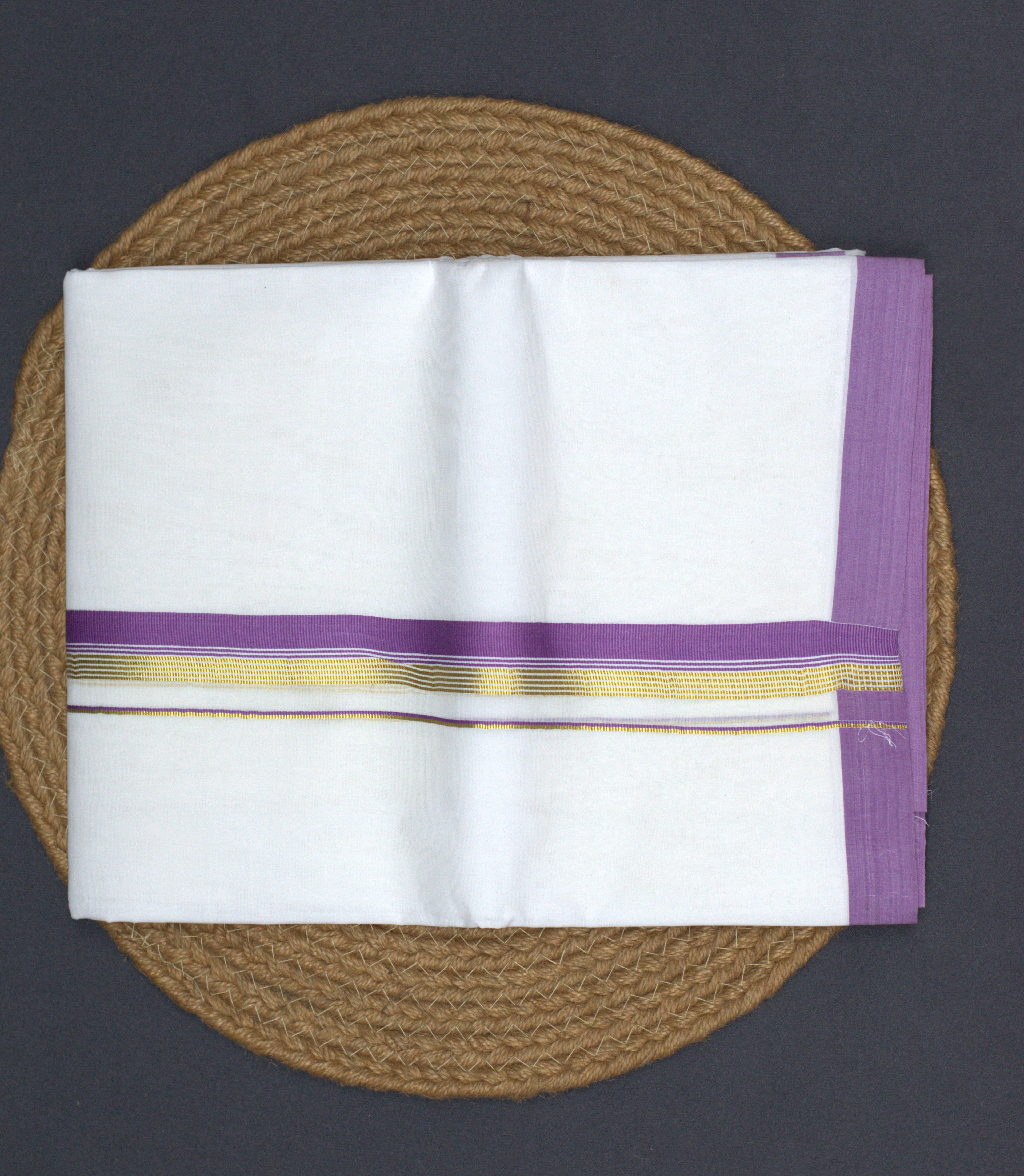 Premium White Cotton Double Mundu with Lavender & Gold Zari Border
