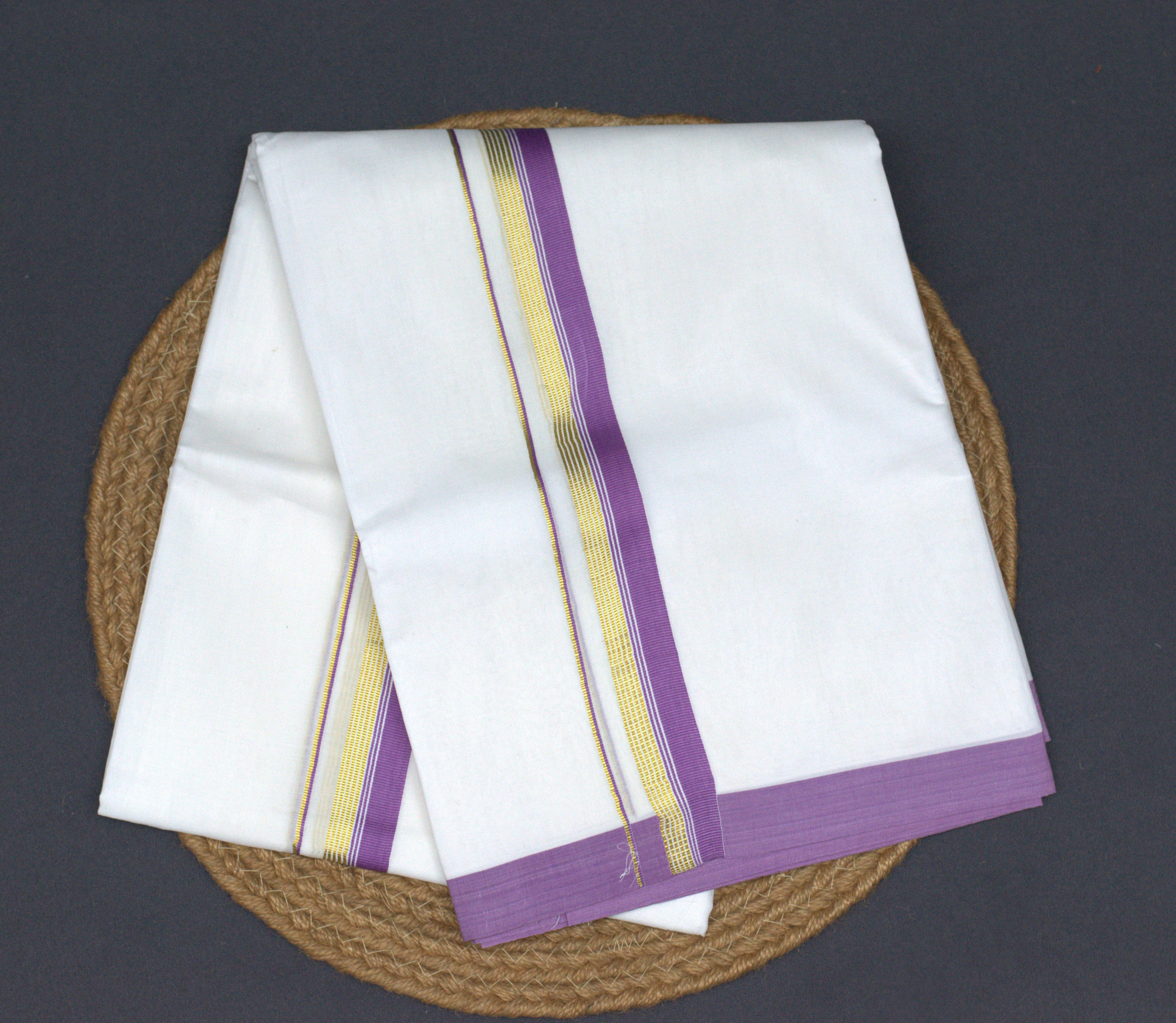 Premium White Cotton Double Mundu with Lavender & Gold Zari Border