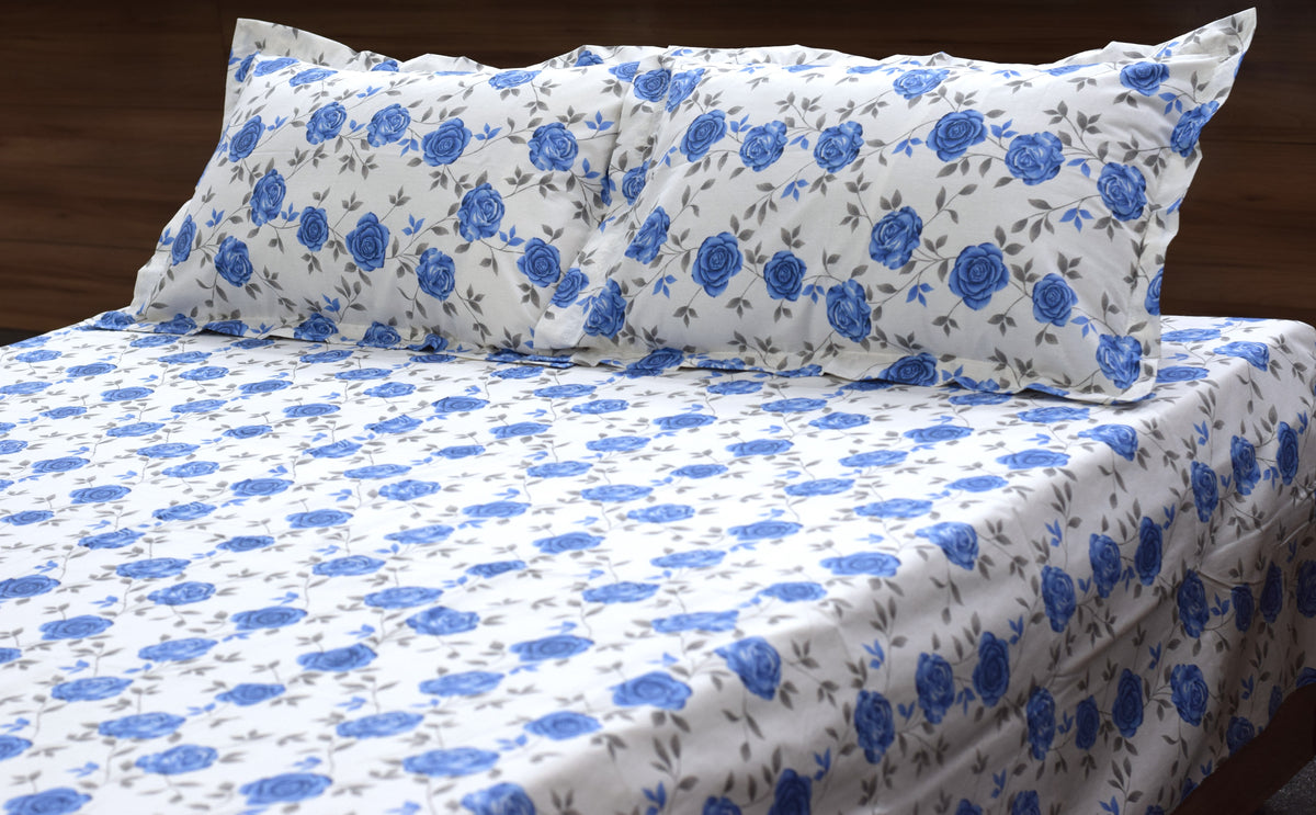 Queen Size blend Bedspread – Blue Floral Print with Matching Pillow Covers