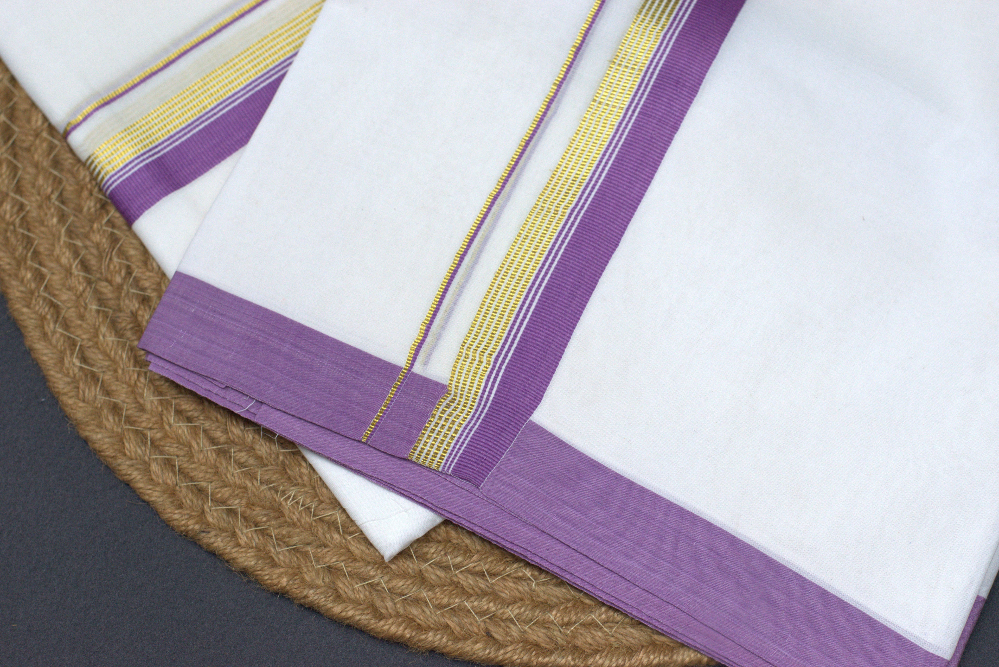 Premium White Cotton Double Mundu with Lavender & Gold Zari Border