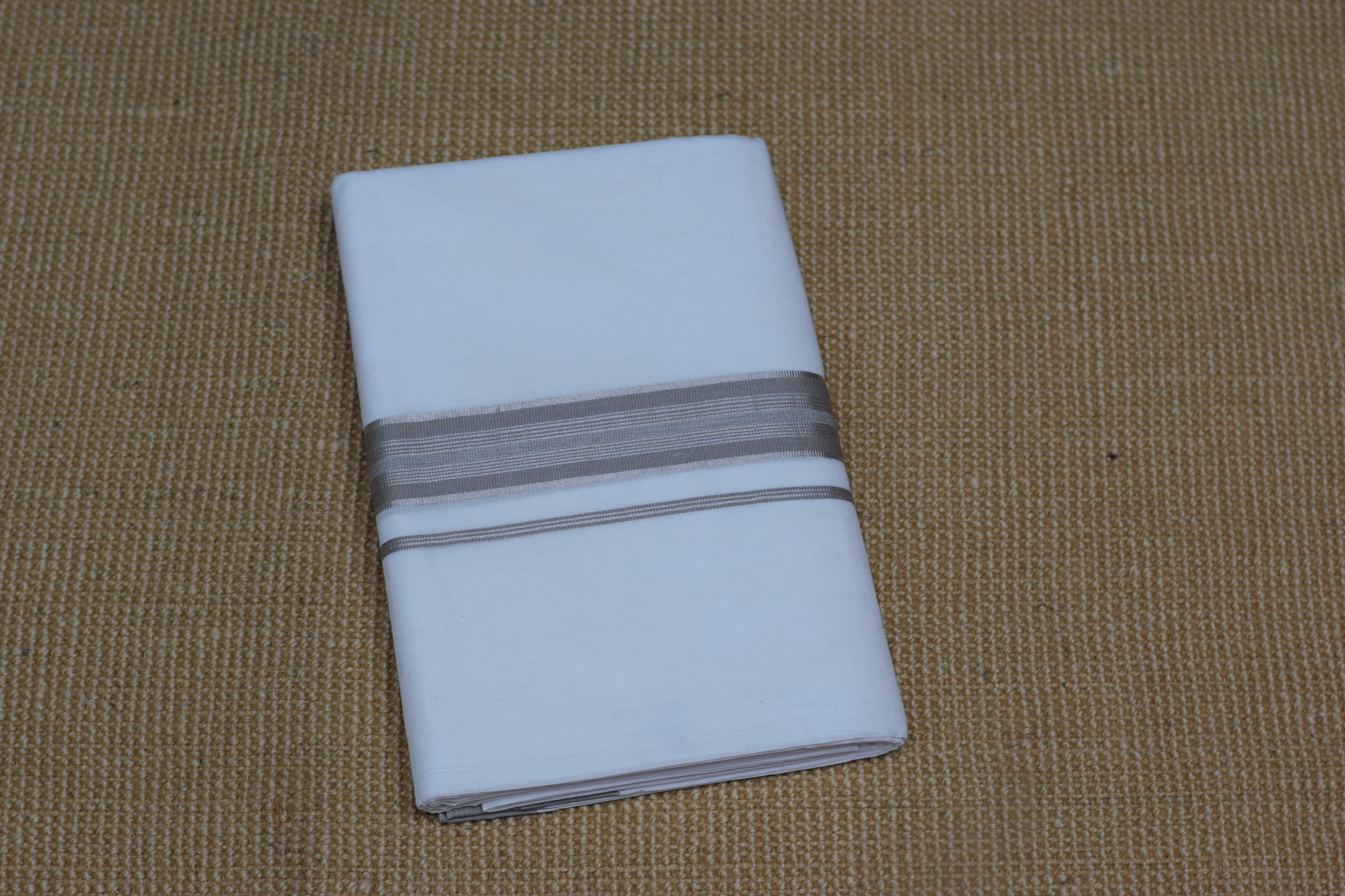 Premium White Cotton Double Mundu with Grey Kasavu Border