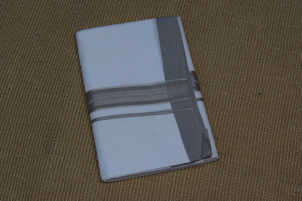 Premium White Cotton Double Mundu with Grey Kasavu Border