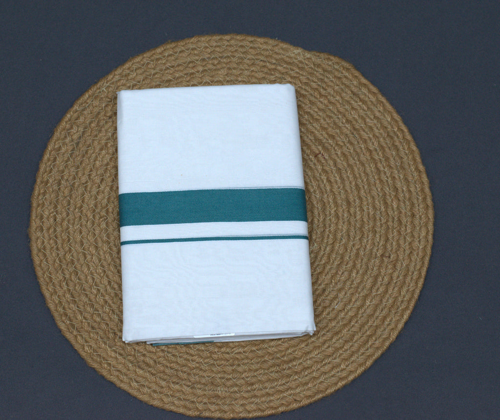 Premium White Cotton Double Mundu with Teal Green Border