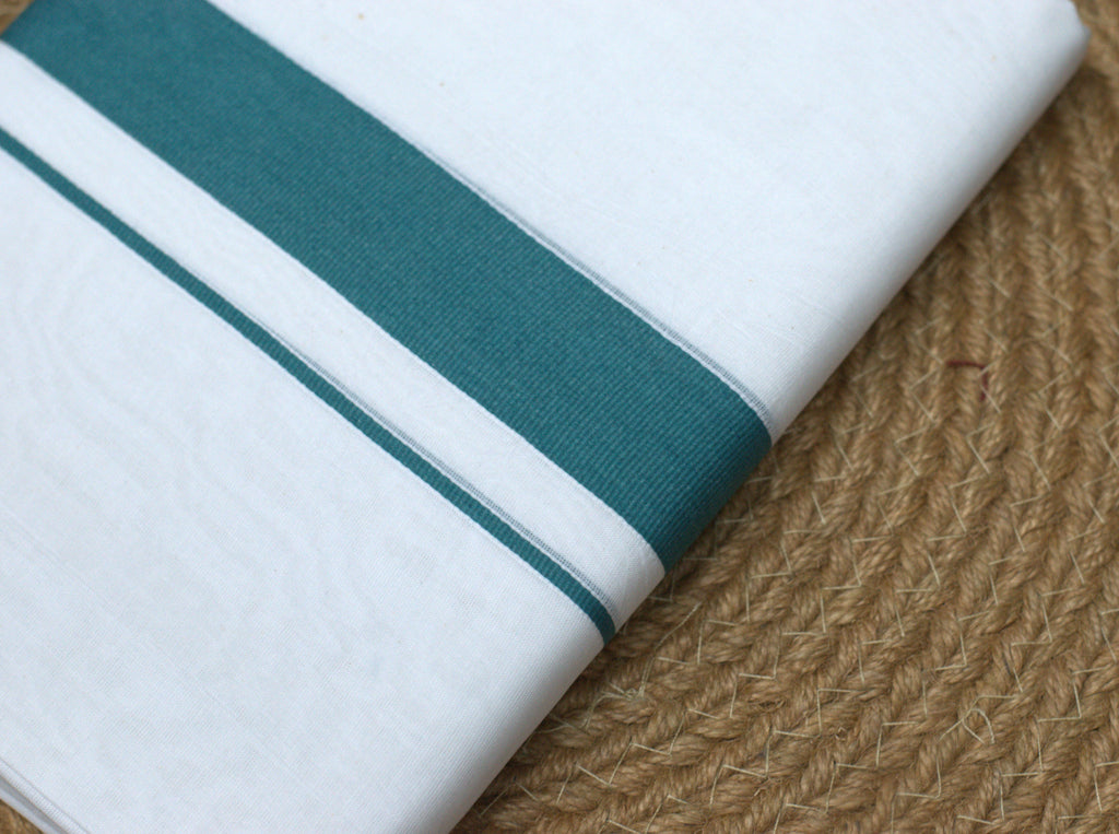Premium White Cotton Double Mundu with Teal Green Border