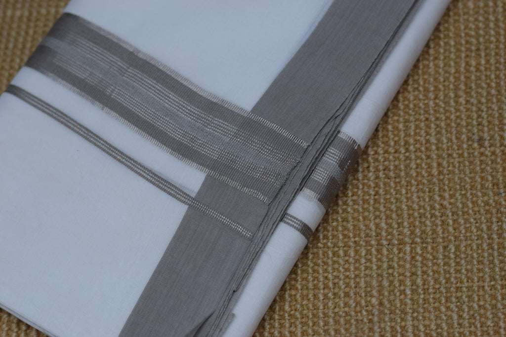 Premium White Cotton Double Mundu with Grey Kasavu Border