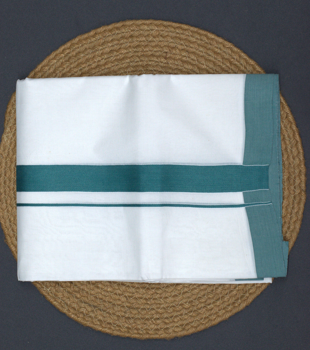 Premium White Cotton Double Mundu with Teal Green Border