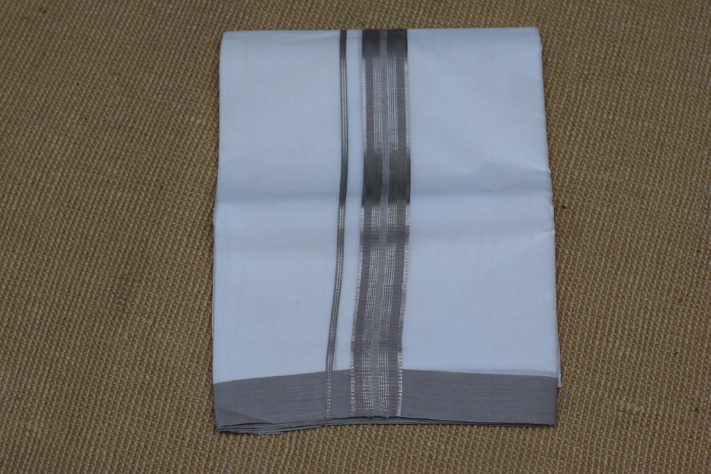 Premium White Cotton Double Mundu with Grey Kasavu Border