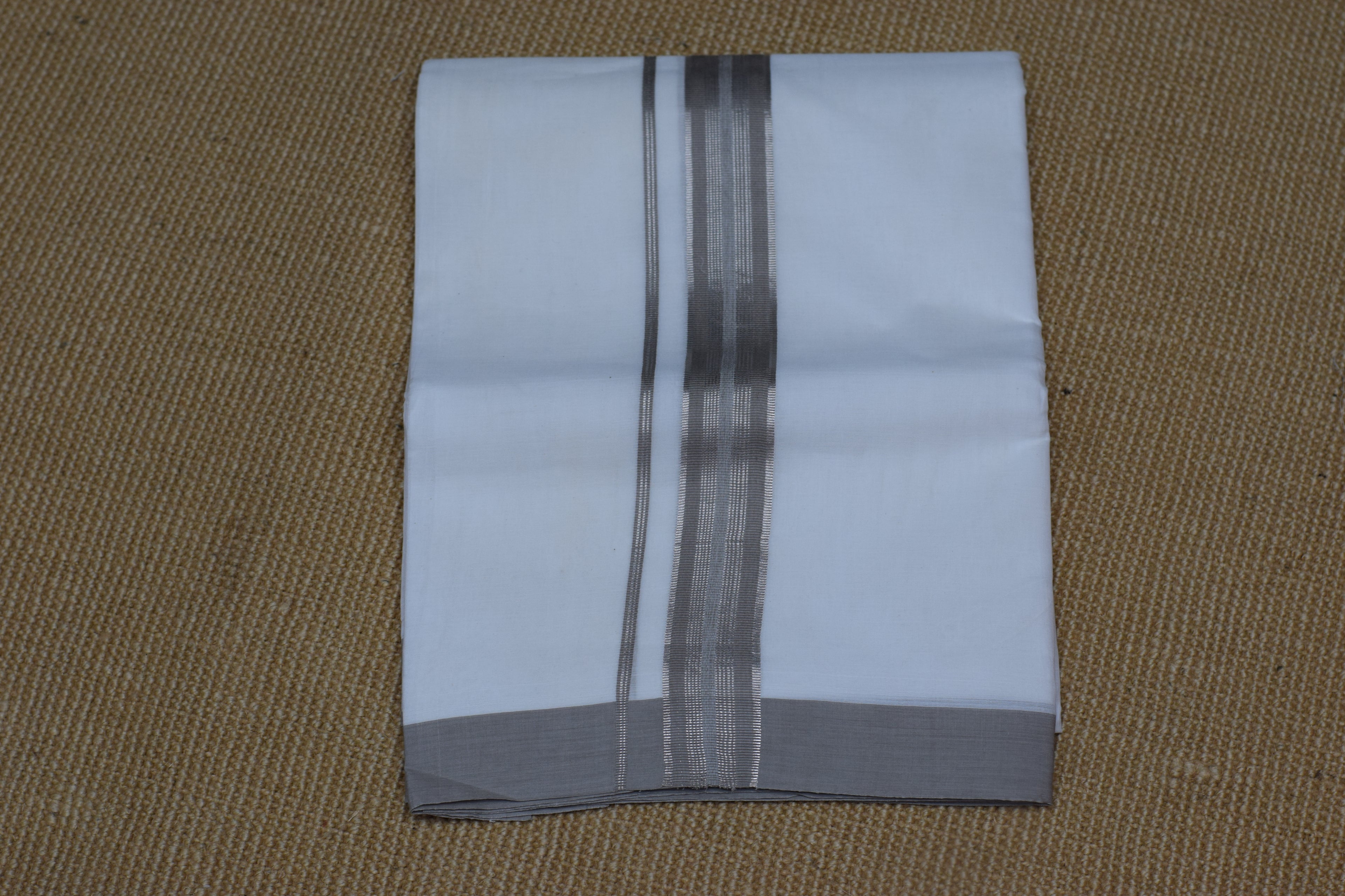 Premium White Cotton Double Mundu with Grey Kasavu Border