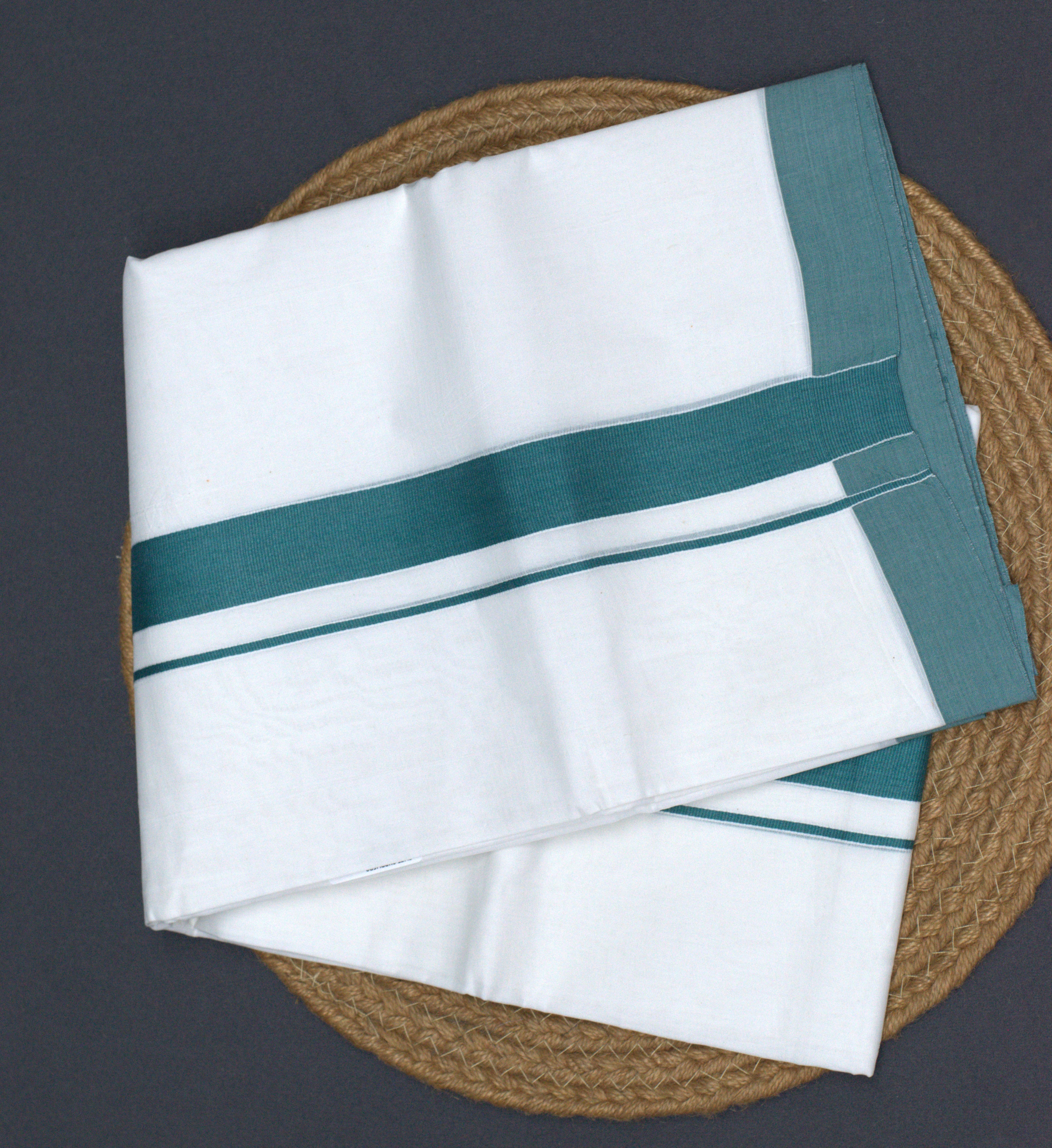Premium White Cotton Double Mundu with Teal Green Border