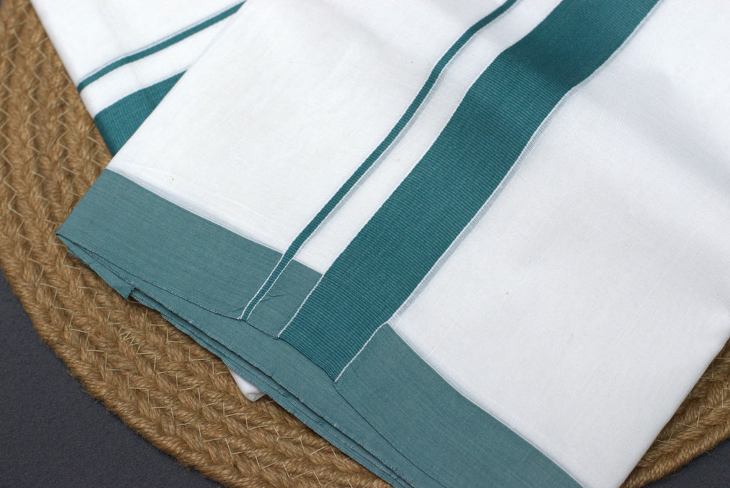 Premium White Cotton Double Mundu with Teal Green Border