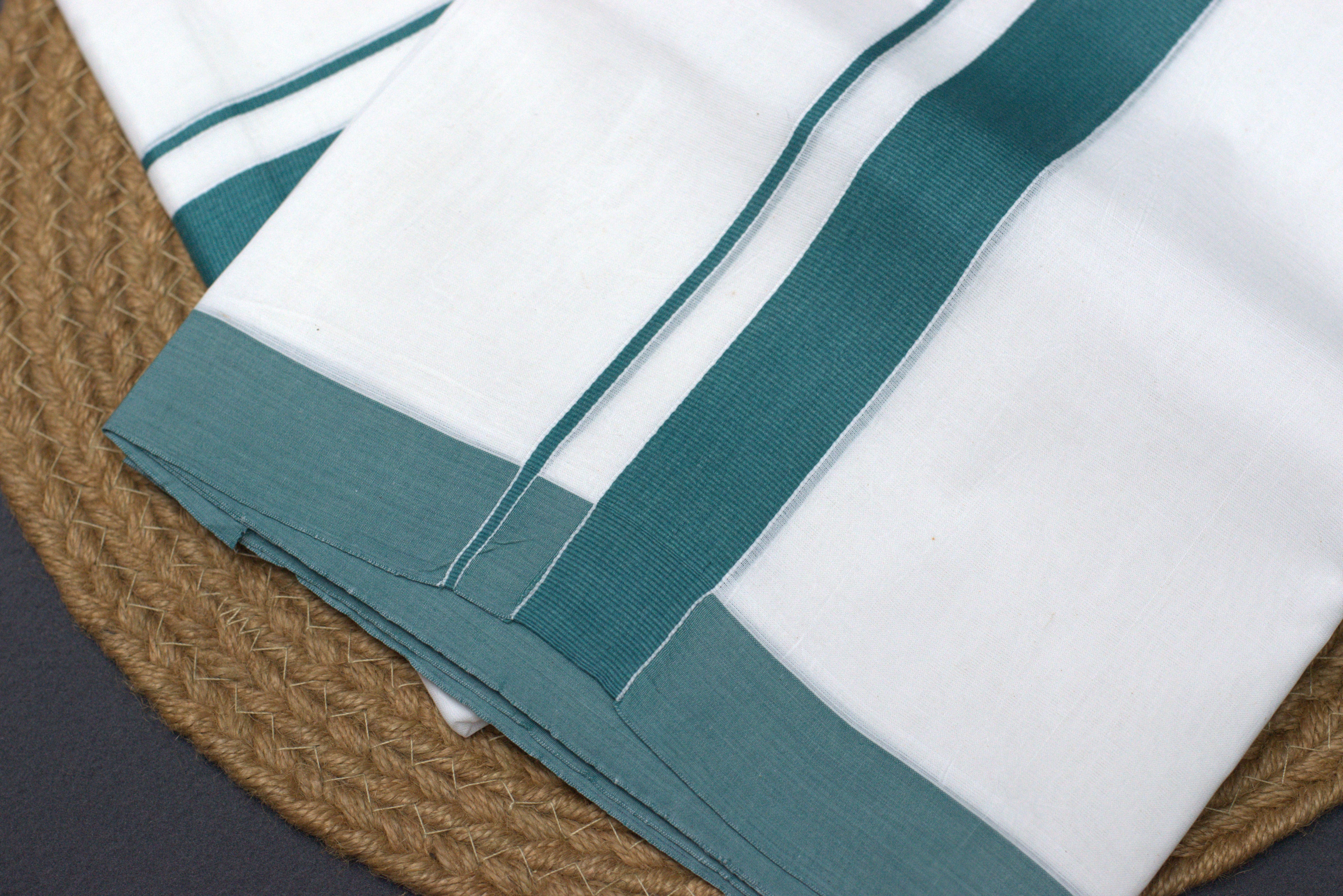 Premium White Cotton Double Mundu with Teal Green Border