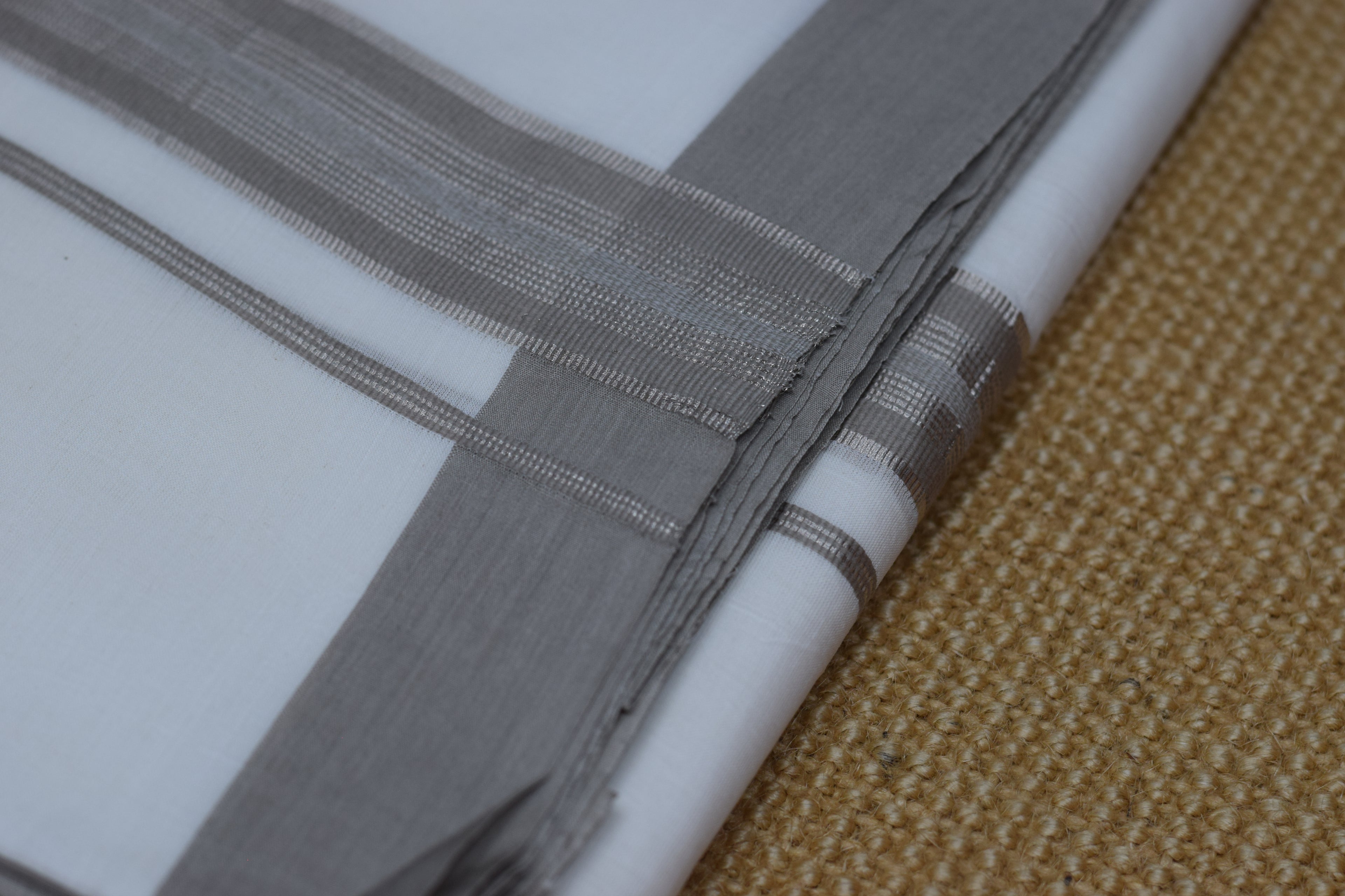 Premium White Cotton Double Mundu with Grey Kasavu Border