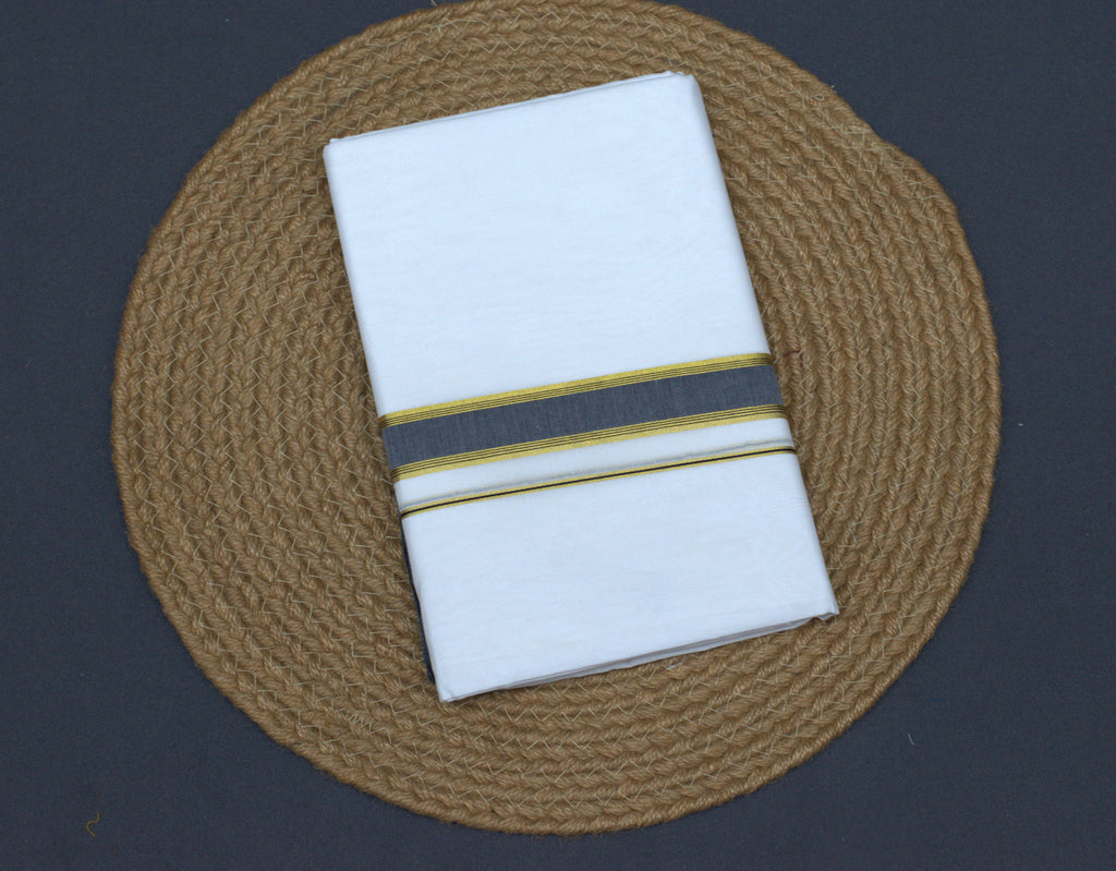 Premium White Cotton Double Mundu with Charcoal Grey and Gold Kasavu Border