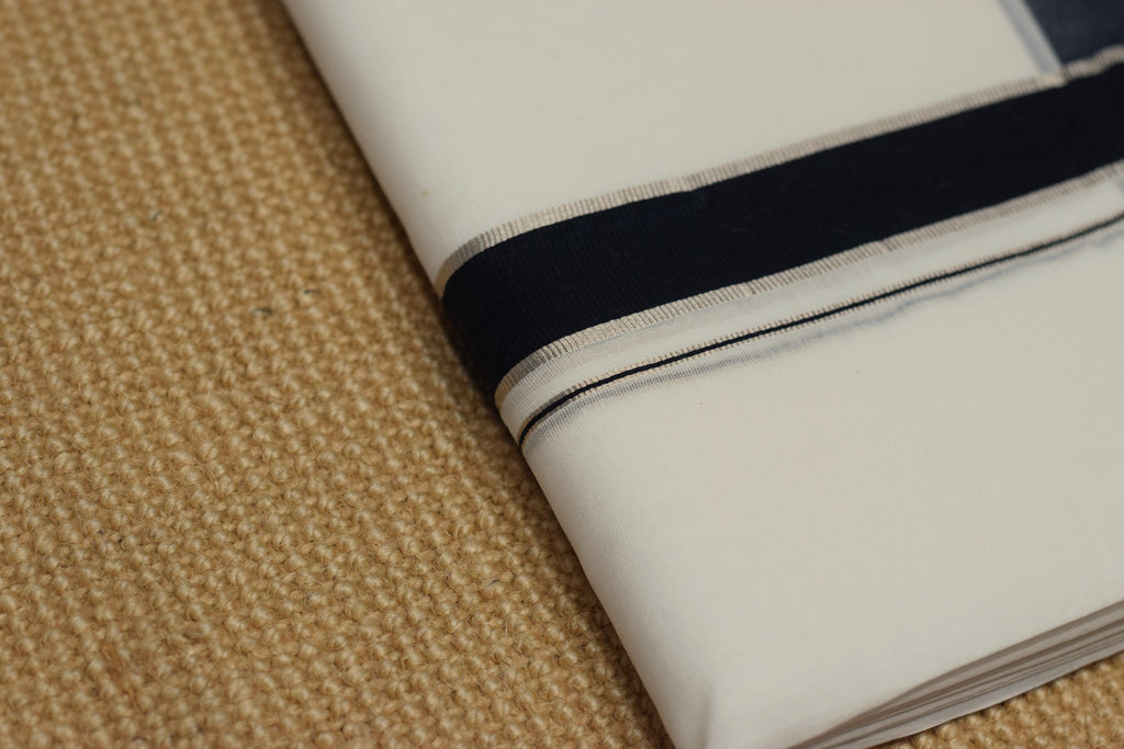 Premium Cotton Double Mundu with Black & Grey Kasavu Border