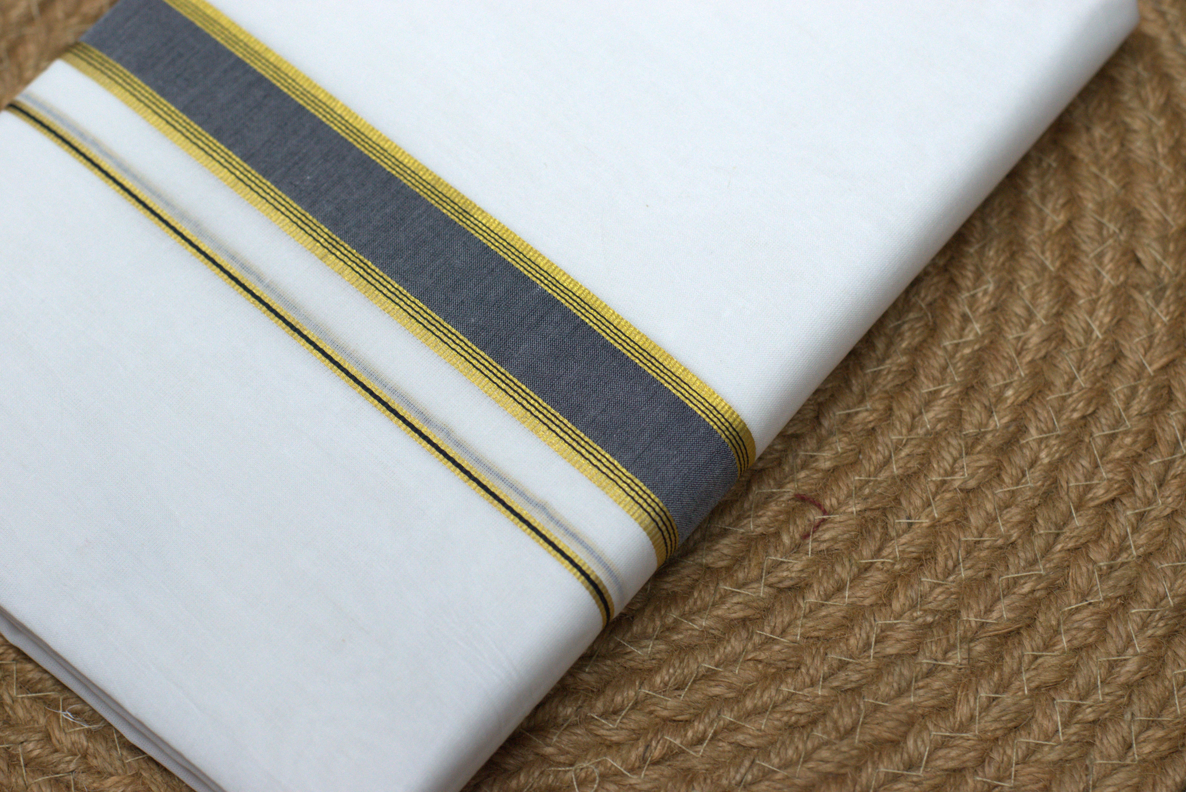 Premium White Cotton Double Mundu with Charcoal Grey and Gold Kasavu Border