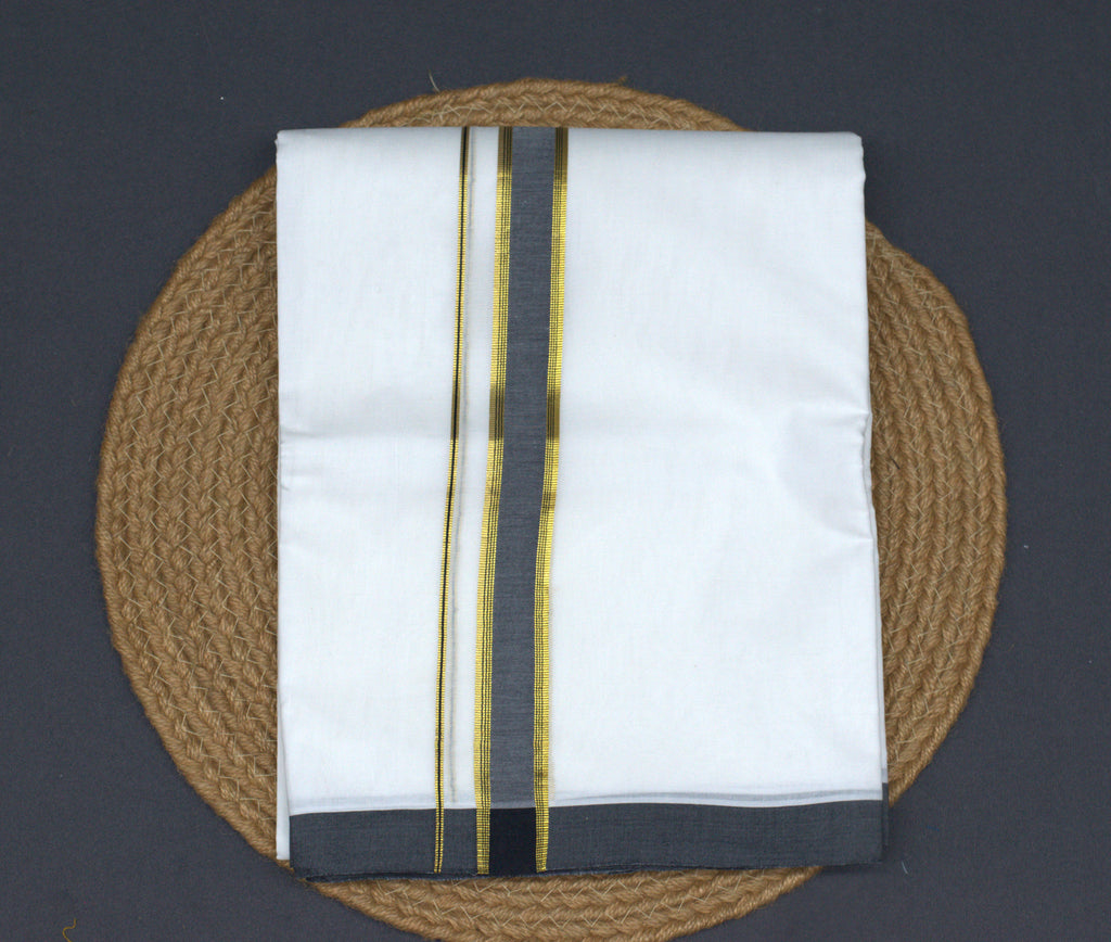 Premium White Cotton Double Mundu with Charcoal Grey and Gold Kasavu Border