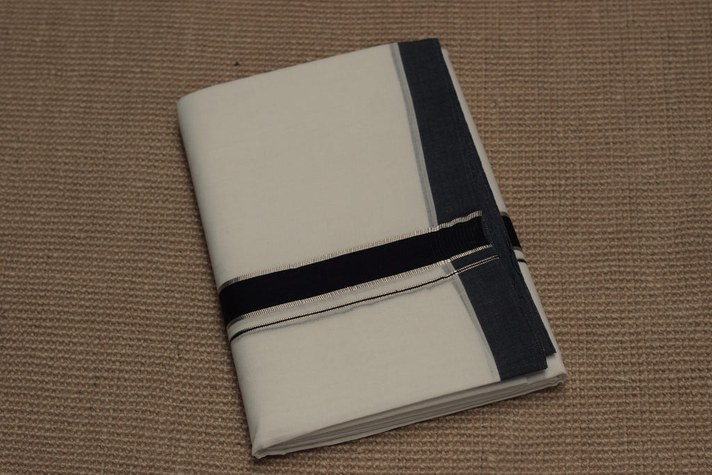 Premium Cotton Double Mundu with Black & Grey Kasavu Border