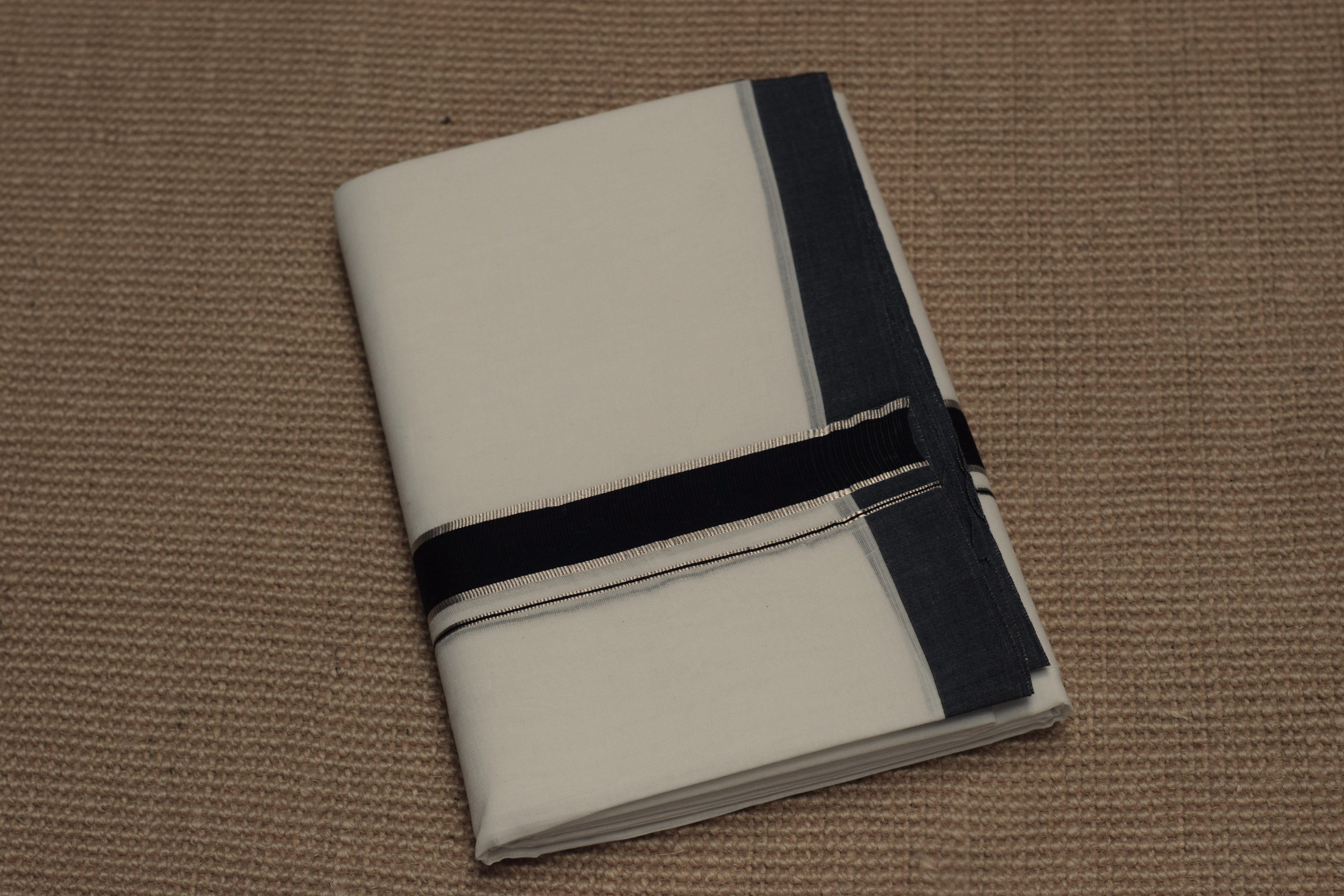 Premium Cotton Double Mundu with Black & Grey Kasavu Border