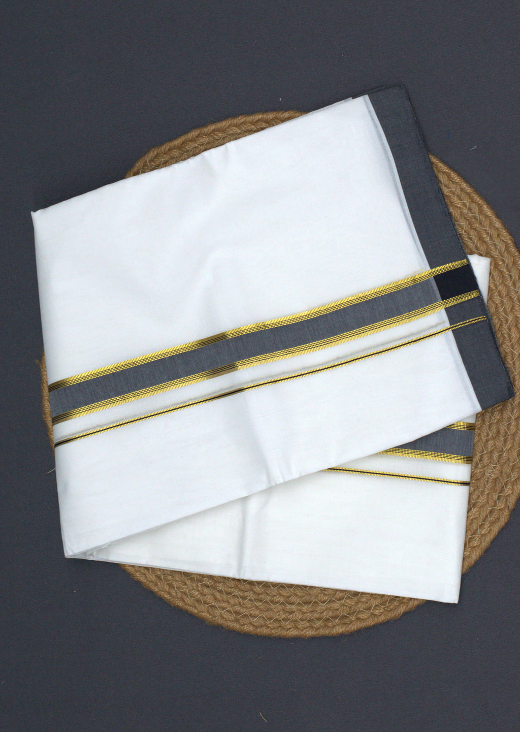Premium White Cotton Double Mundu with Charcoal Grey and Gold Kasavu Border