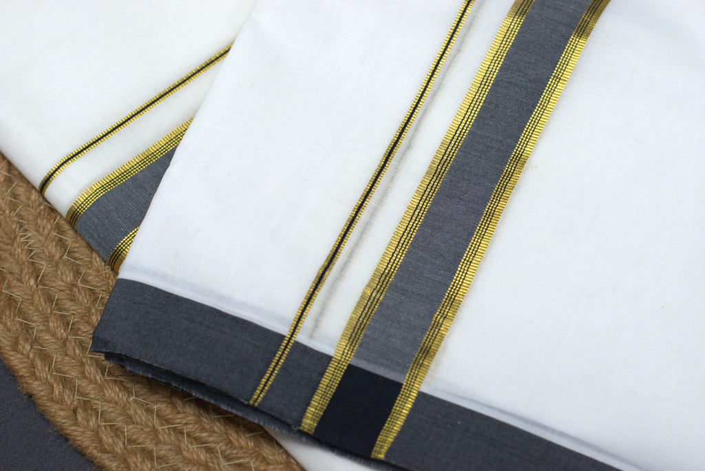 Premium White Cotton Double Mundu with Charcoal Grey and Gold Kasavu Border