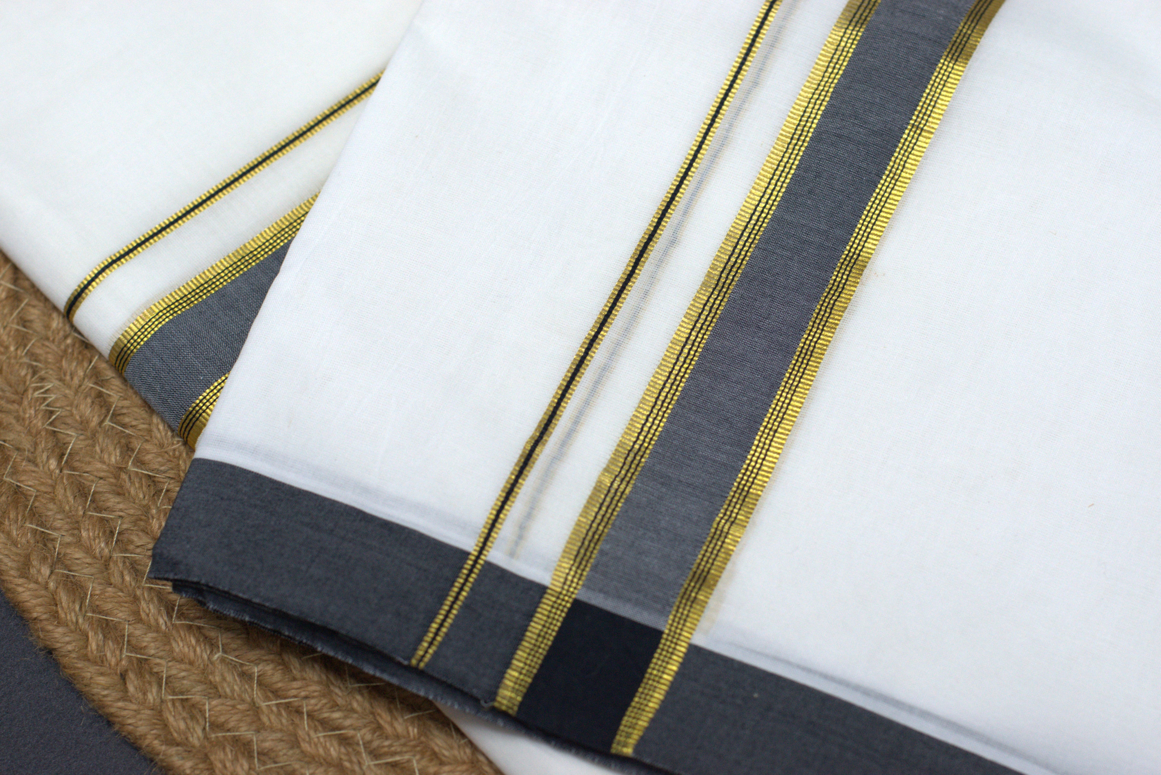 Premium White Cotton Double Mundu with Charcoal Grey and Gold Kasavu Border