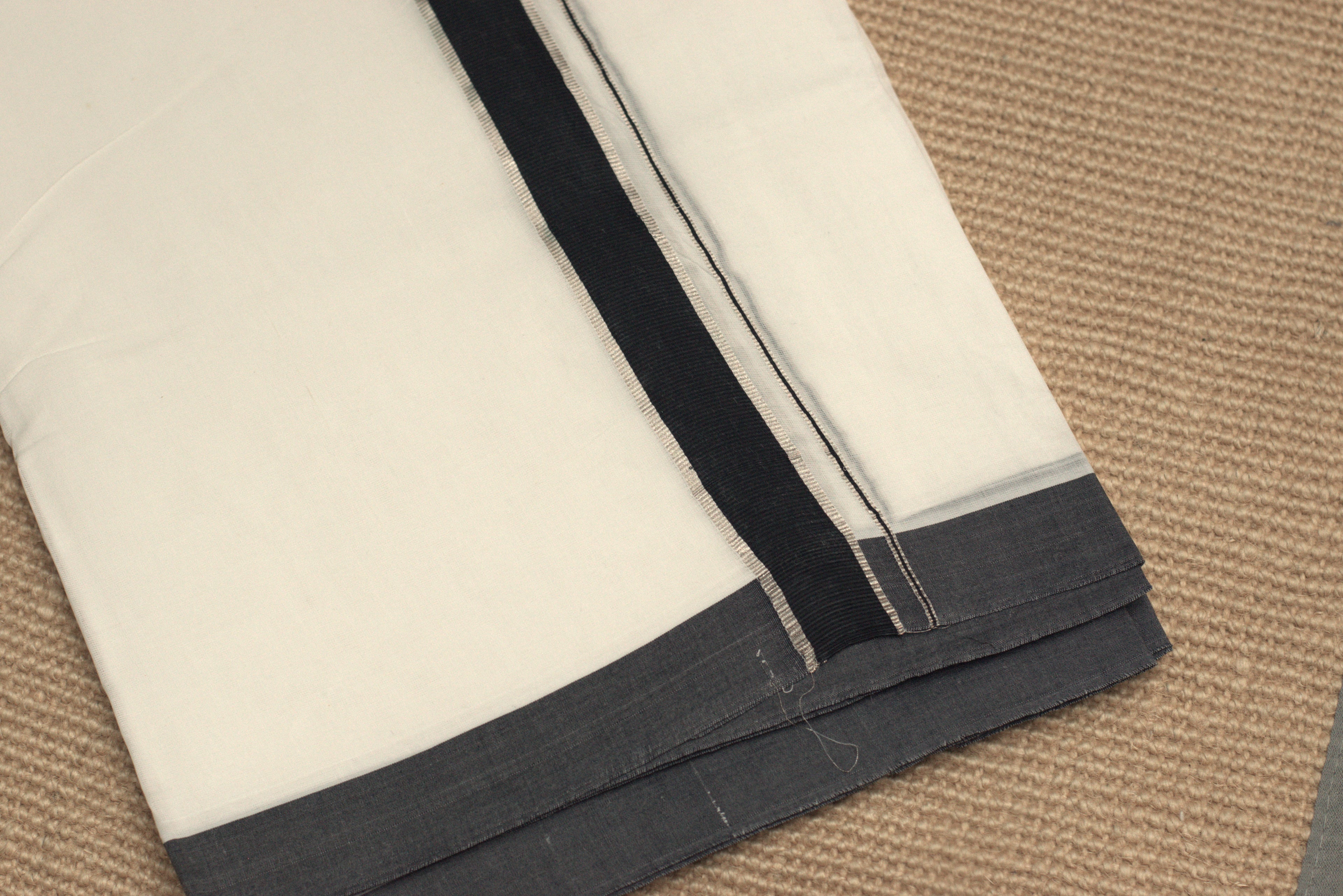 Premium Cotton Double Mundu with Black & Grey Kasavu Border