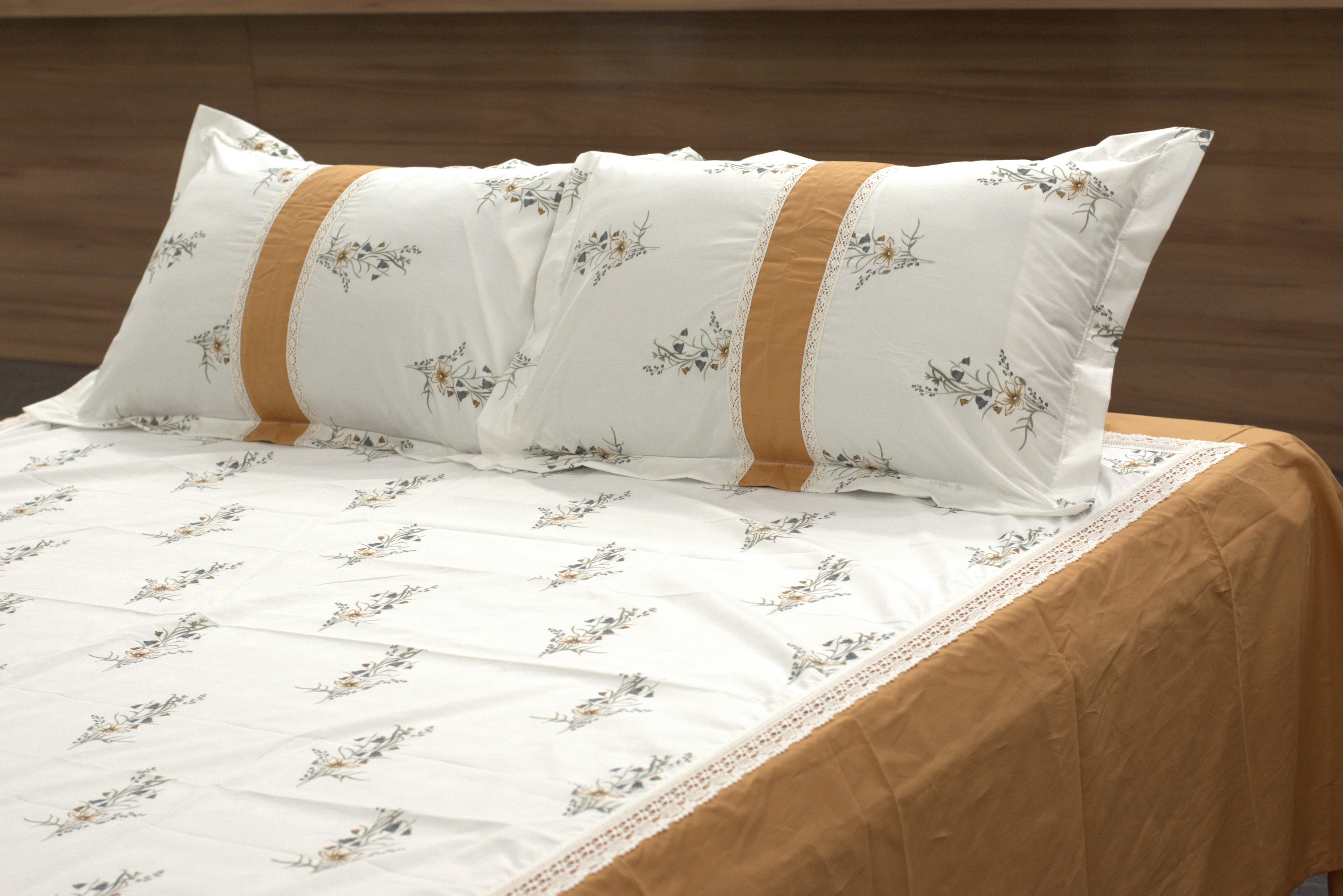 Elegant Floral King Size Bedspread Set – White & Mustard | 100" x 100"