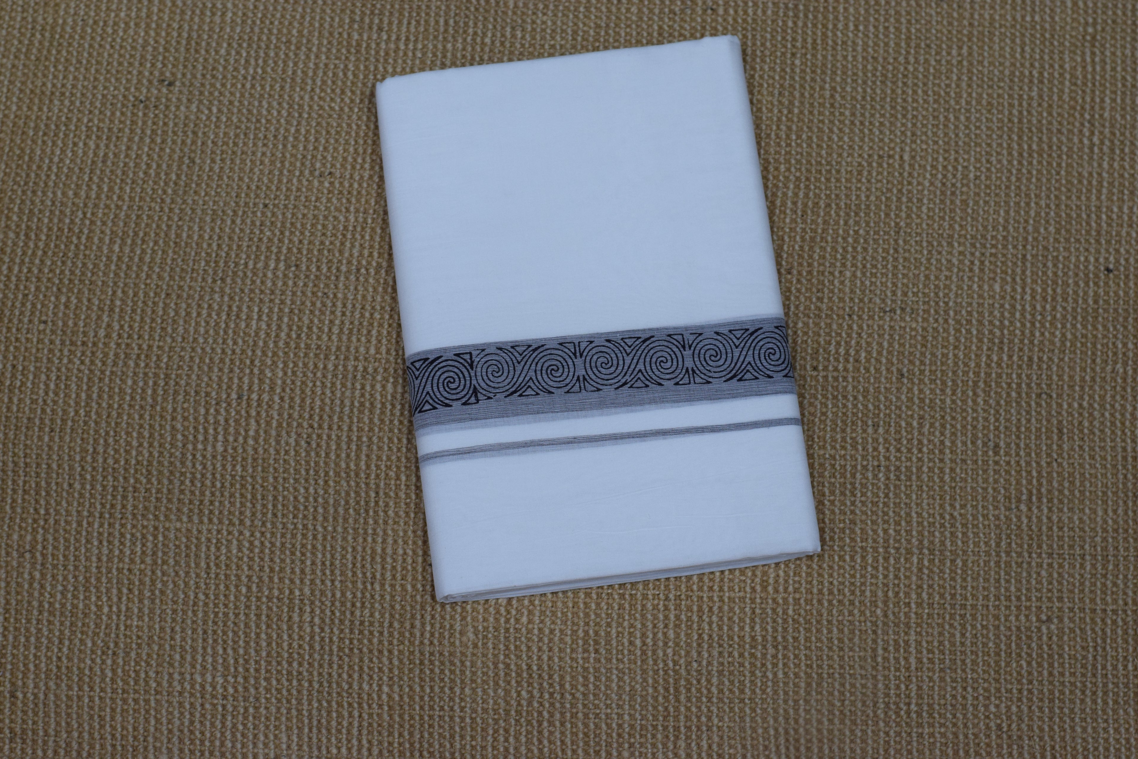 Premium Cotton Double Mundu with Elegant Grey & Black Kasavu Border