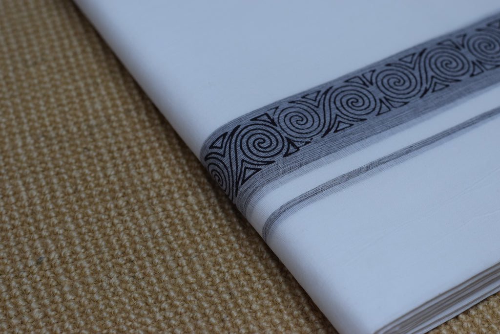 Premium Cotton Double Mundu with Elegant Grey & Black Kasavu Border