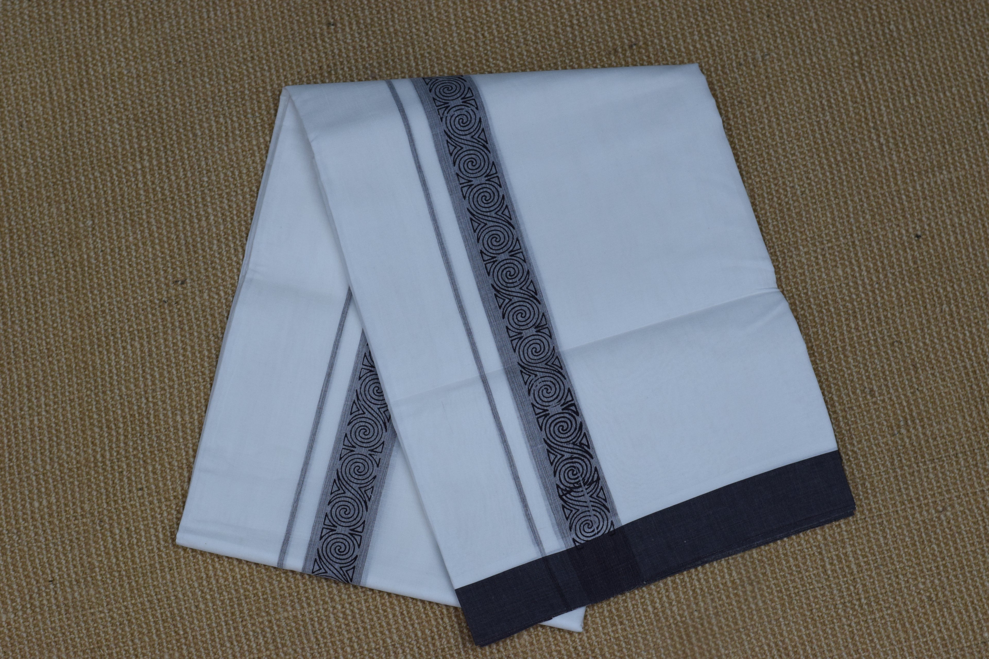 Premium Cotton Double Mundu with Elegant Grey & Black Kasavu Border