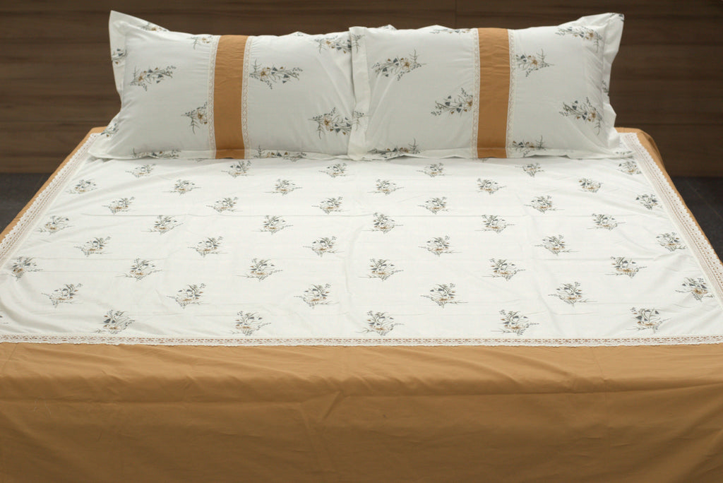 Elegant Floral King Size Bedspread Set – White & Mustard | 100" x 100"
