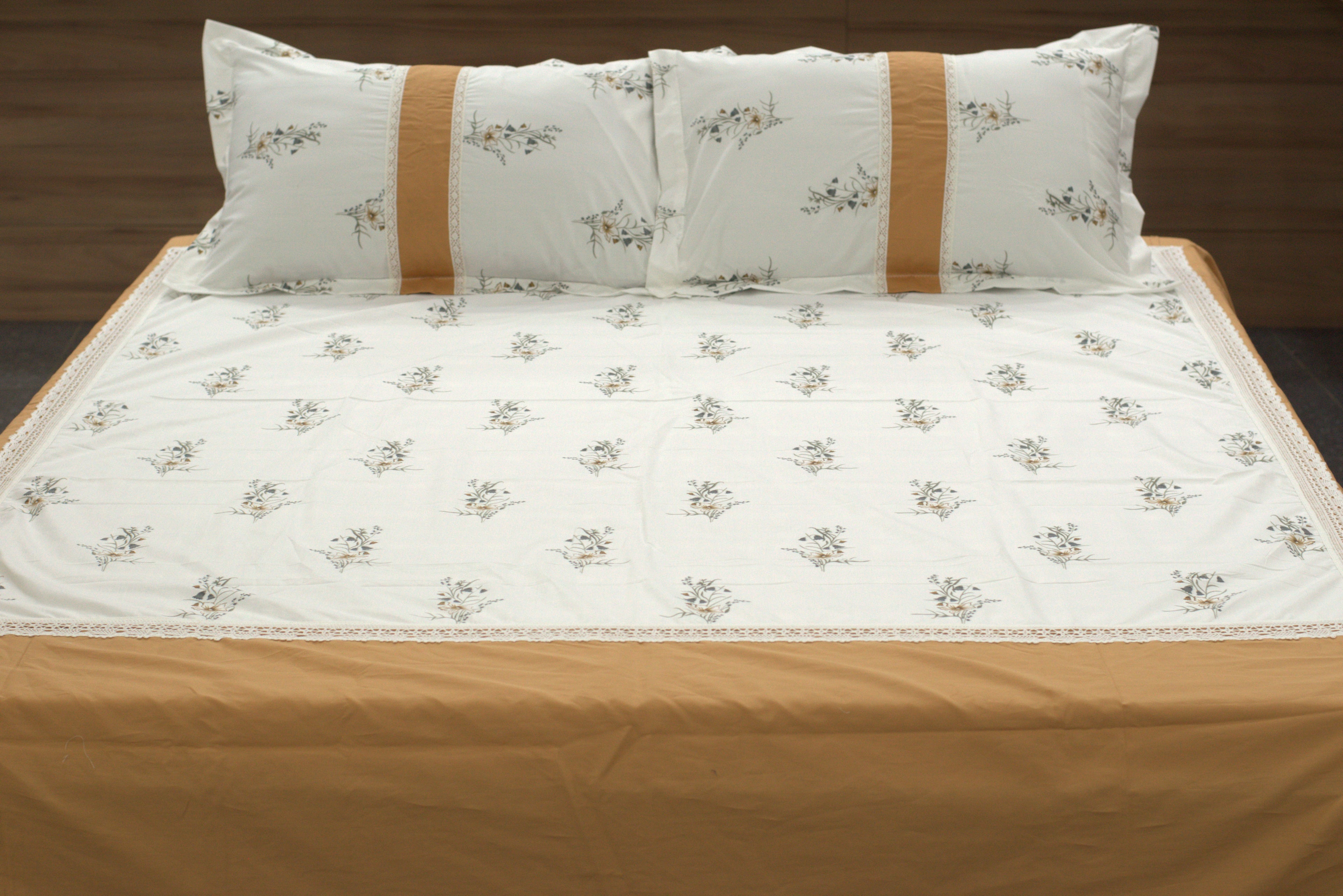 Elegant Floral King Size Bedspread Set – White & Mustard | 100" x 100"