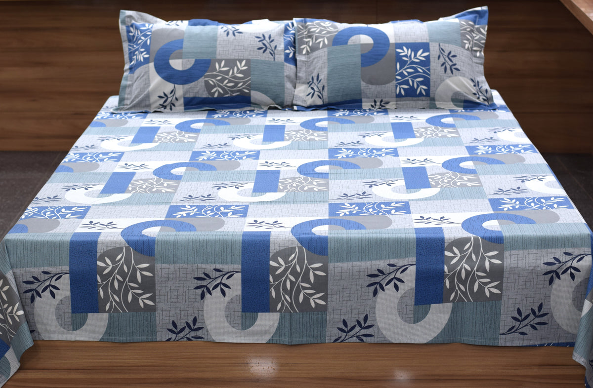 Queen Size  Bedspread – Blue & Grey Geometric Floral Print