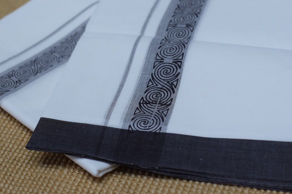Premium Cotton Double Mundu with Elegant Grey & Black Kasavu Border