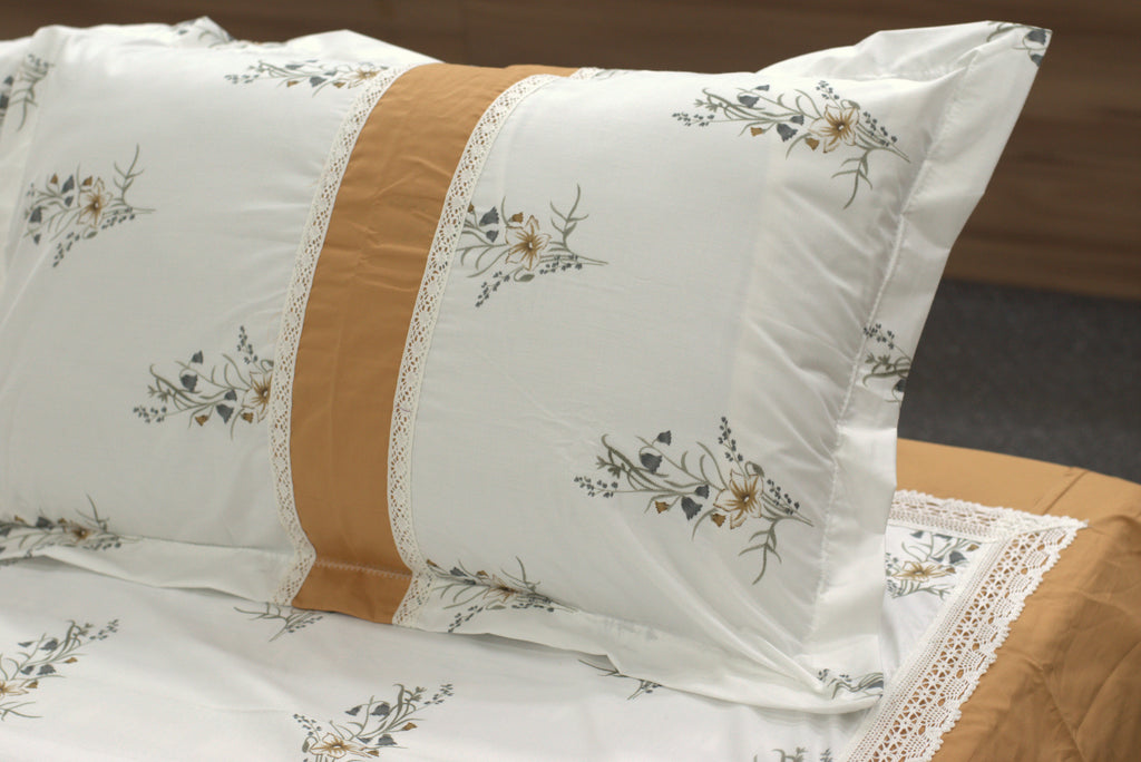 Elegant Floral King Size Bedspread Set – White & Mustard | 100" x 100"