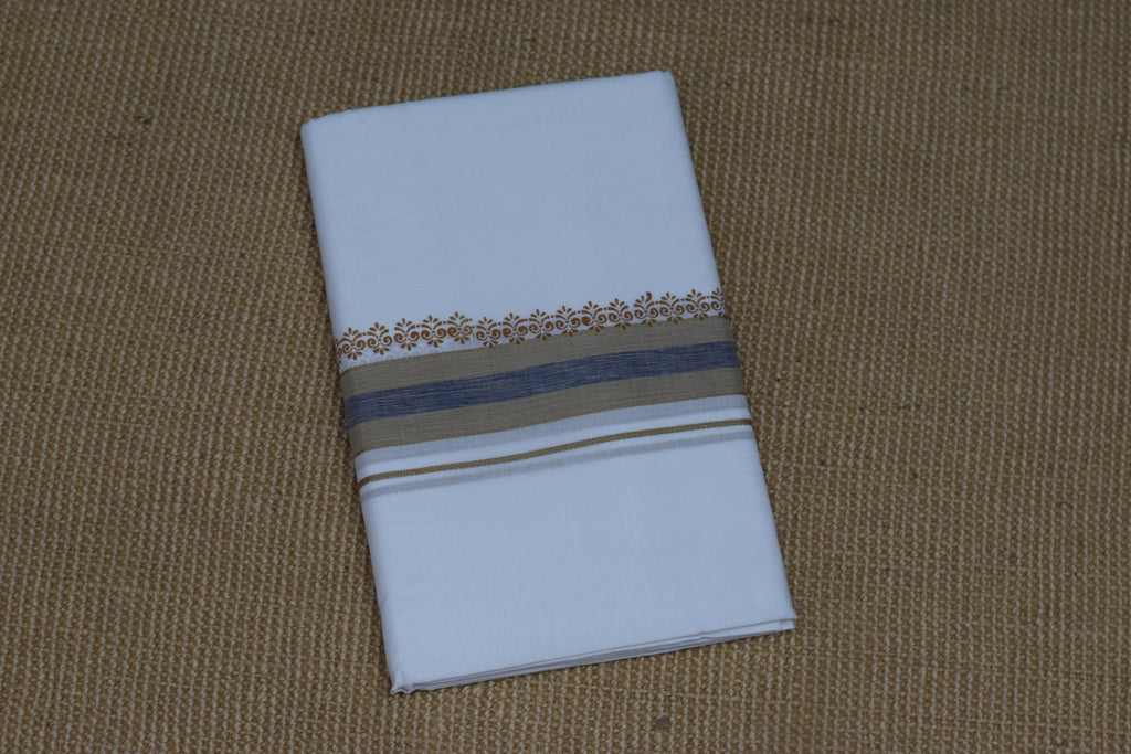 Premium Cotton Double Mundu with Kasavu & Blue Border